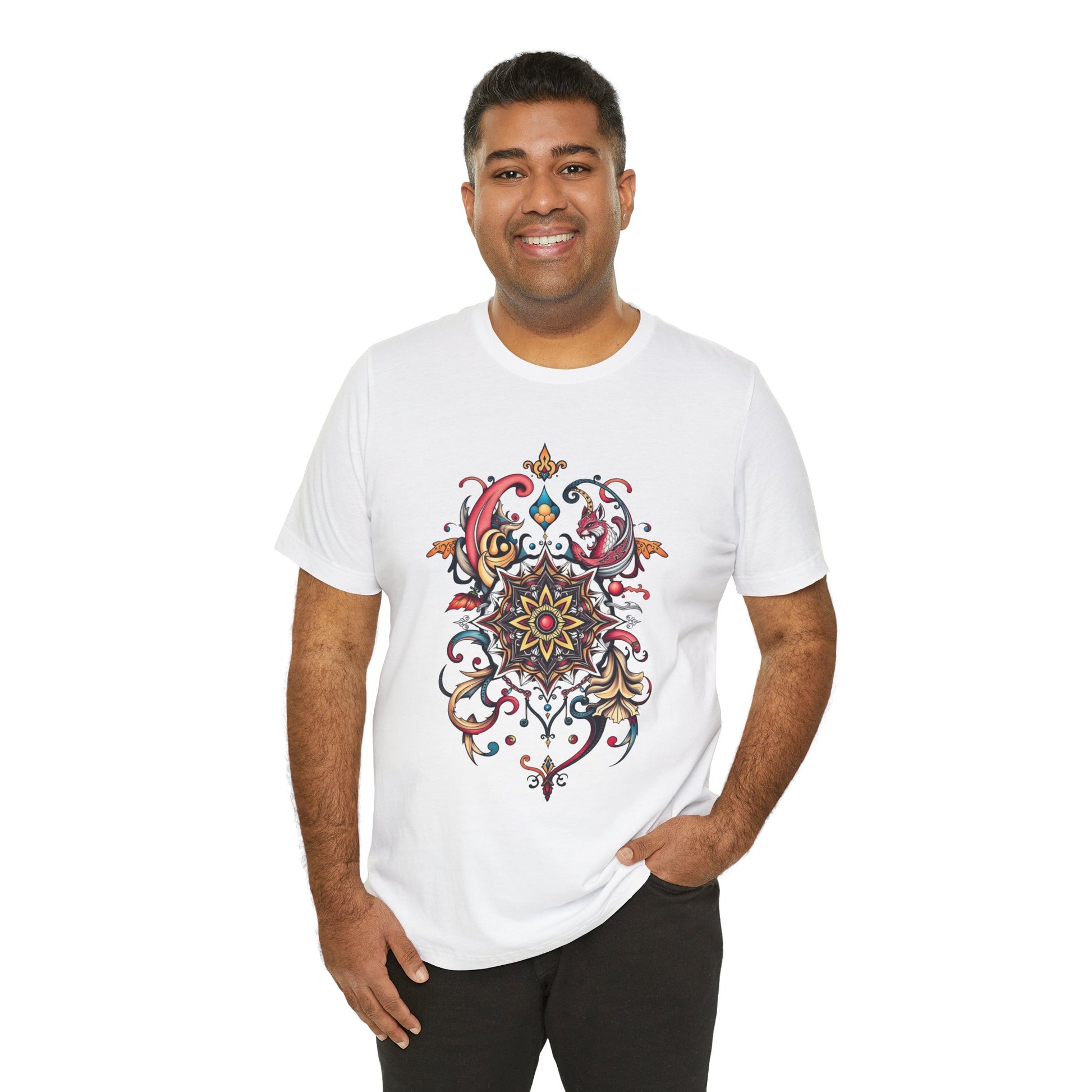 Vibrant tee with swirling mandala in reds, golds, and teal, available in many colors