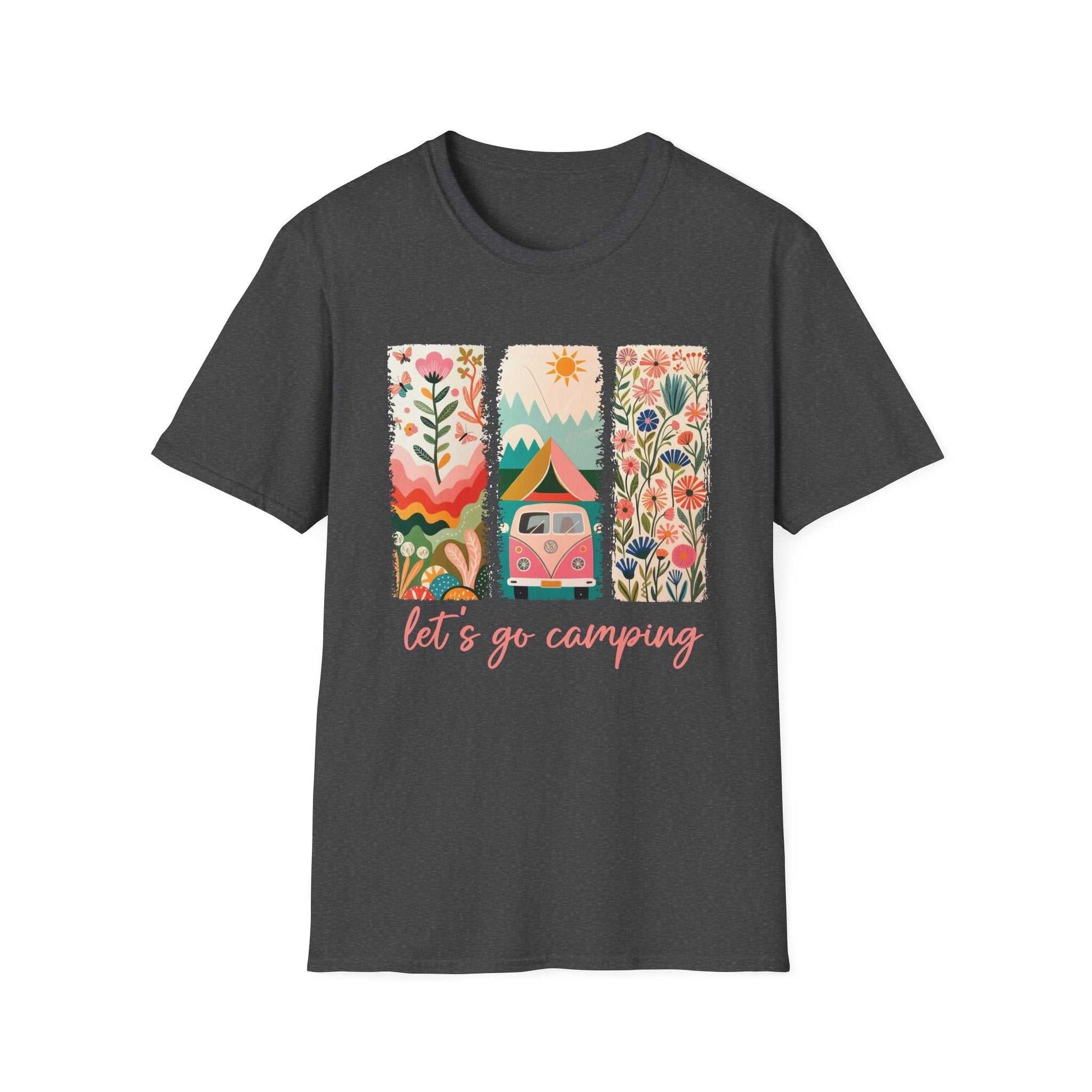 Unisex dark gray t-shirt with colorful camping-themed graphic and "let's go camping" text, soft cotton fabric Camping Adventure design