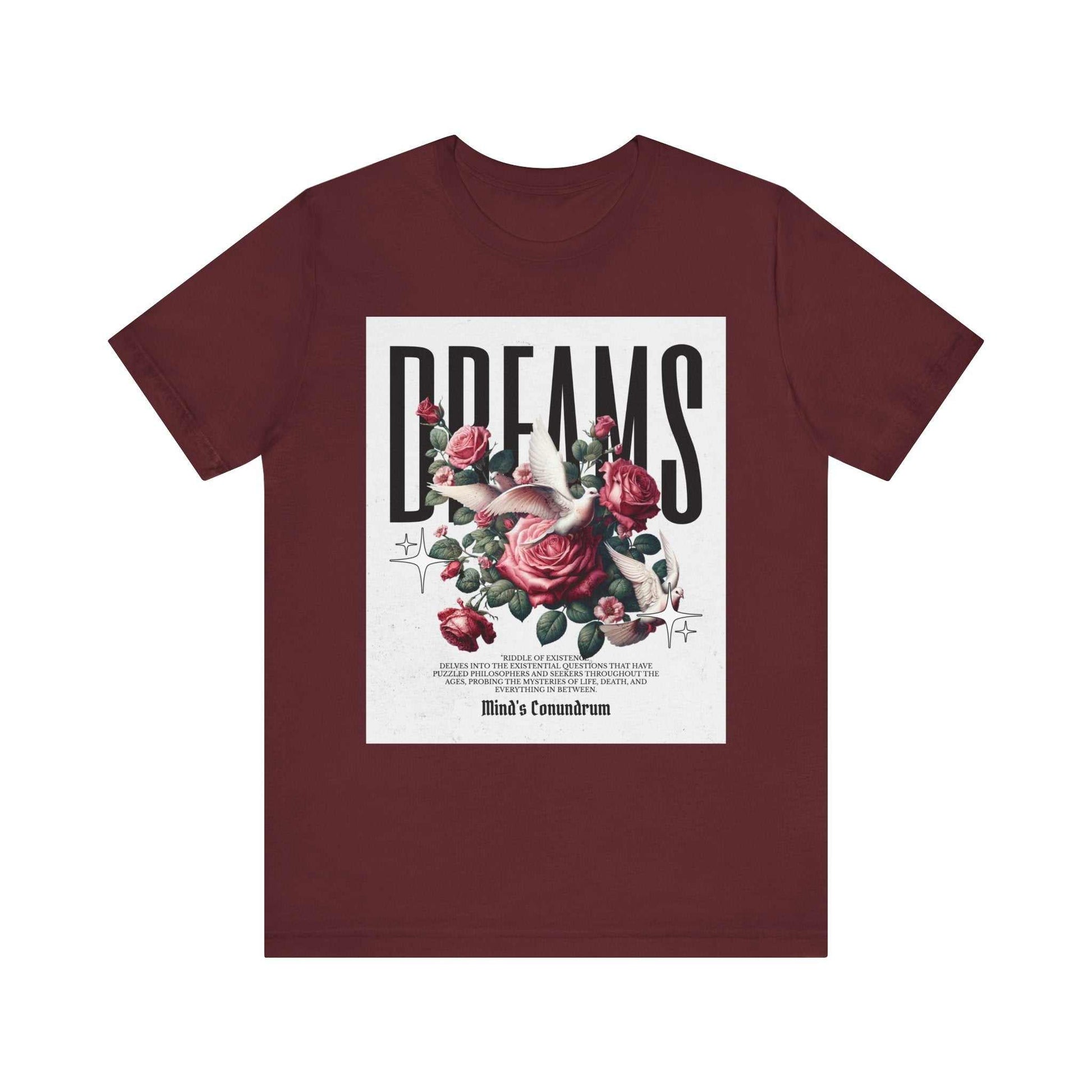 Maroon Dreams Floral Tee featuring bold typography and detailed rose and leaf design on front.