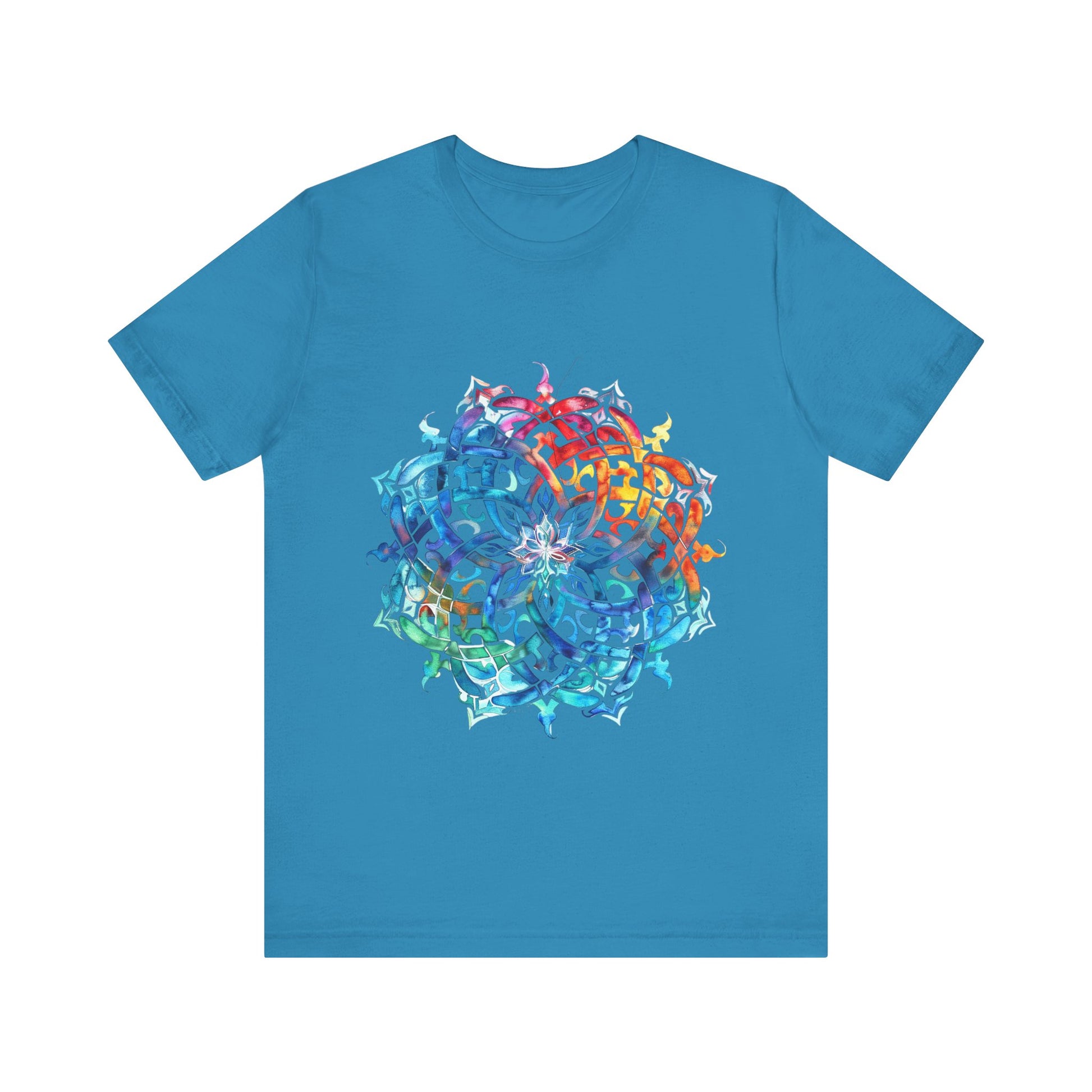 Artistic tee with a radiant rainbow mandala design, available in vibrant color options