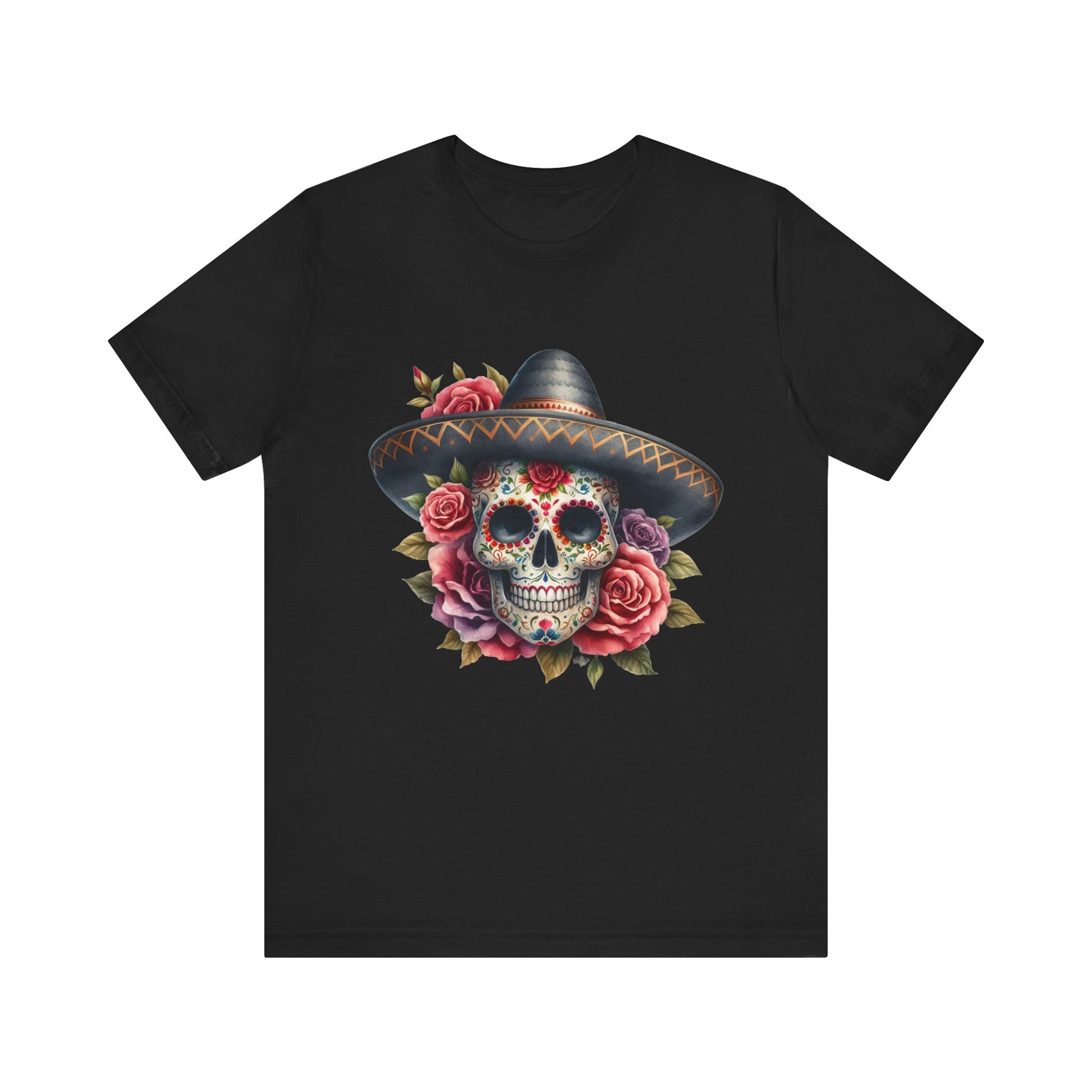 Colorful tee featuring a sugar skull in sombrero and roses for vibrant fiesta vibes