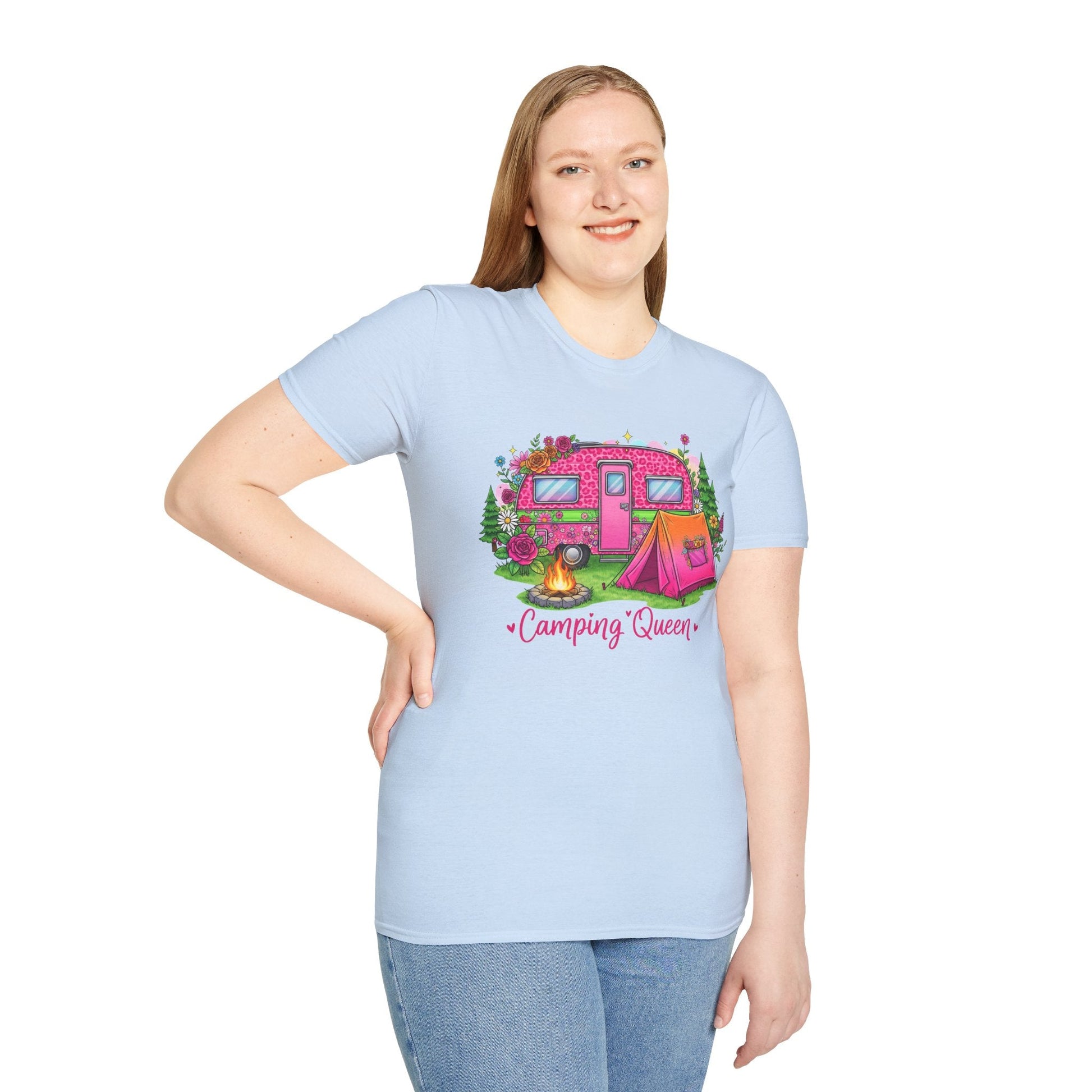 Woman wearing light blue Camping Queen T-Shirt with colorful camper and tent design