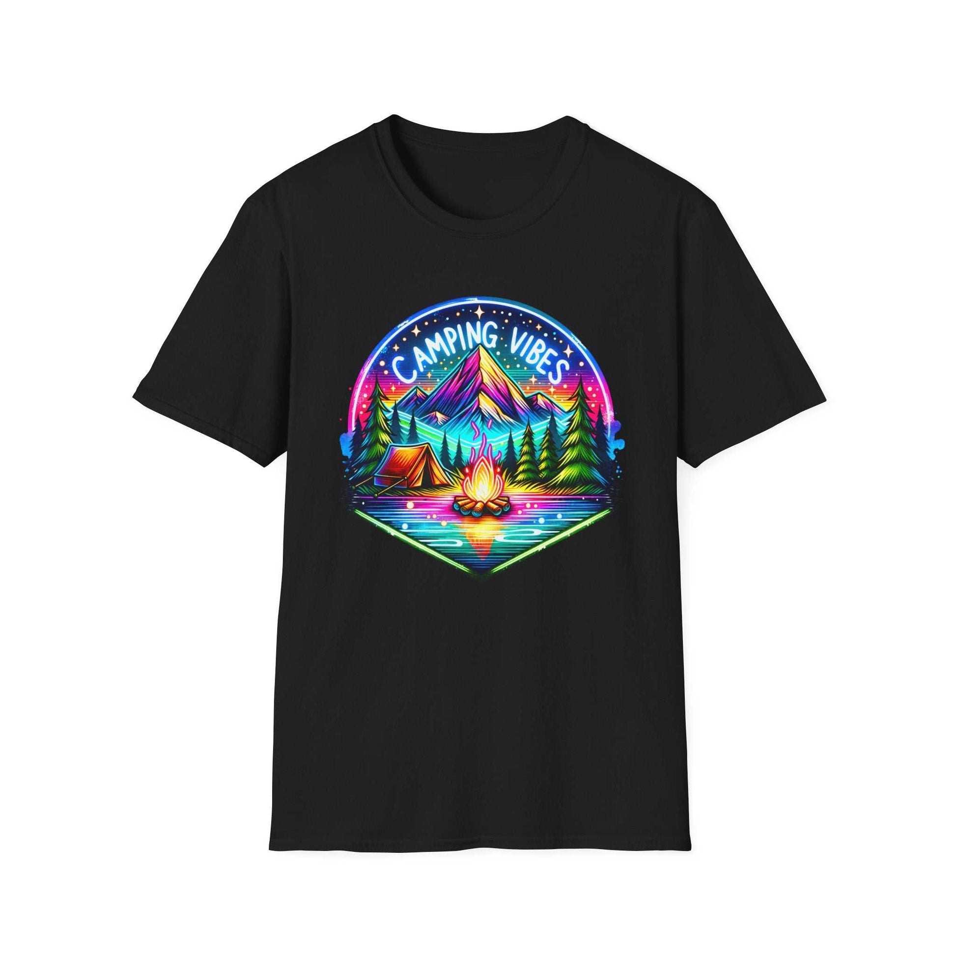 Black unisex softstyle t-shirt with colorful camping vibes graphic featuring mountains, trees, tent, and campfire.