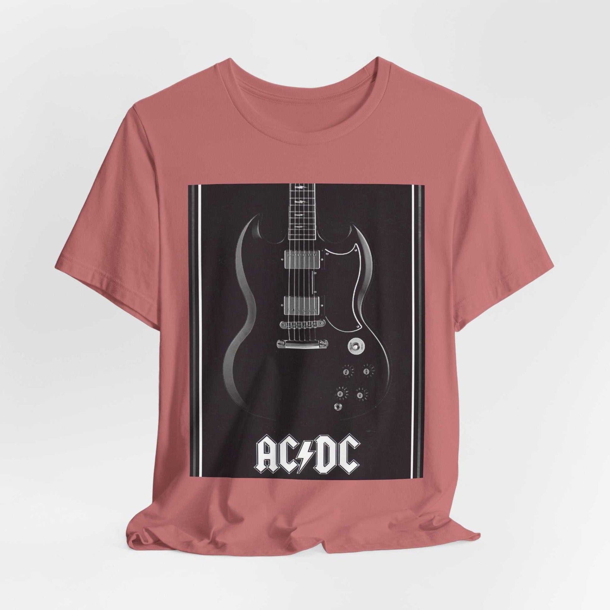 Unisex rock guitar graphic tee with AC/DC print on muted red cotton fabric