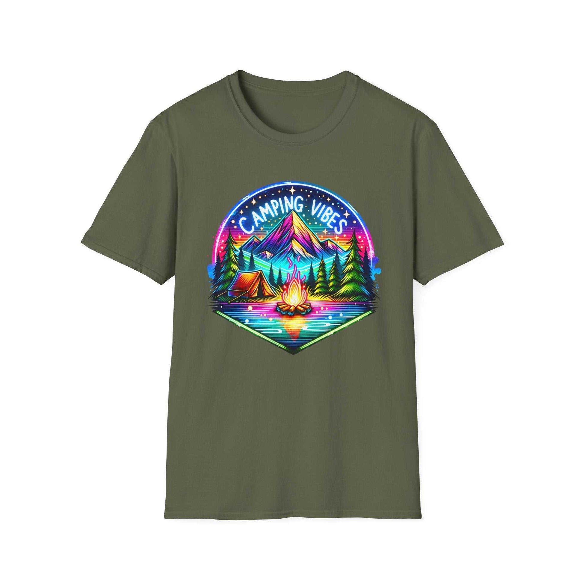 Unisex softstyle t-shirt with colorful camping vibes graphic featuring mountain, tent, campfire, and trees on olive green background