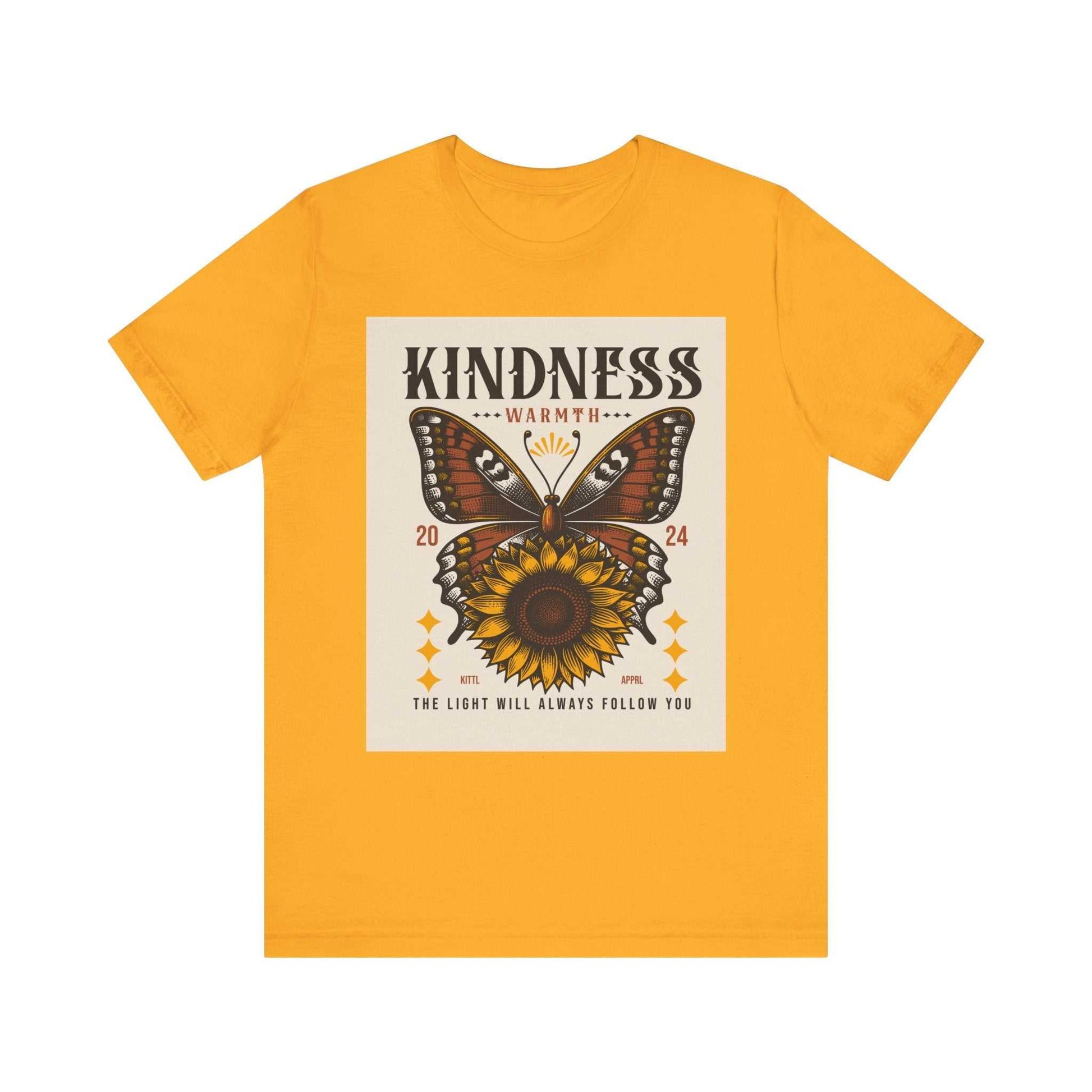 Yellow Kindness Butterfly Tee with butterfly and sunflower design and motivational text.