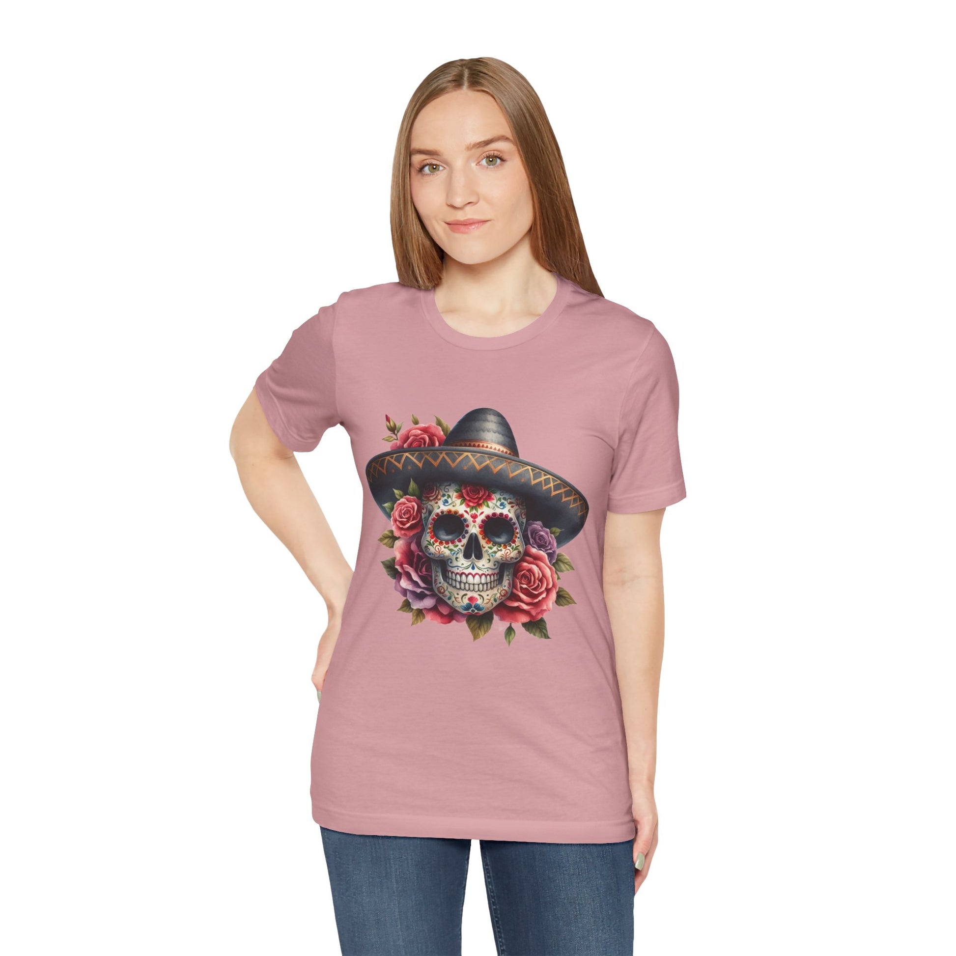 Colorful tee featuring a sugar skull in sombrero and roses for vibrant fiesta vibes
