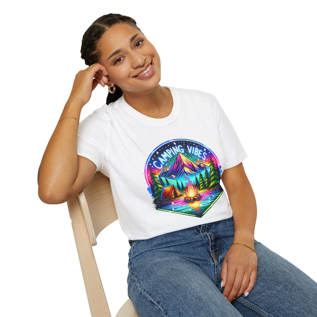 Woman wearing white Camping Vibes Unisex Softstyle T-Shirt with colorful camping scene print, sitting on chair and smiling