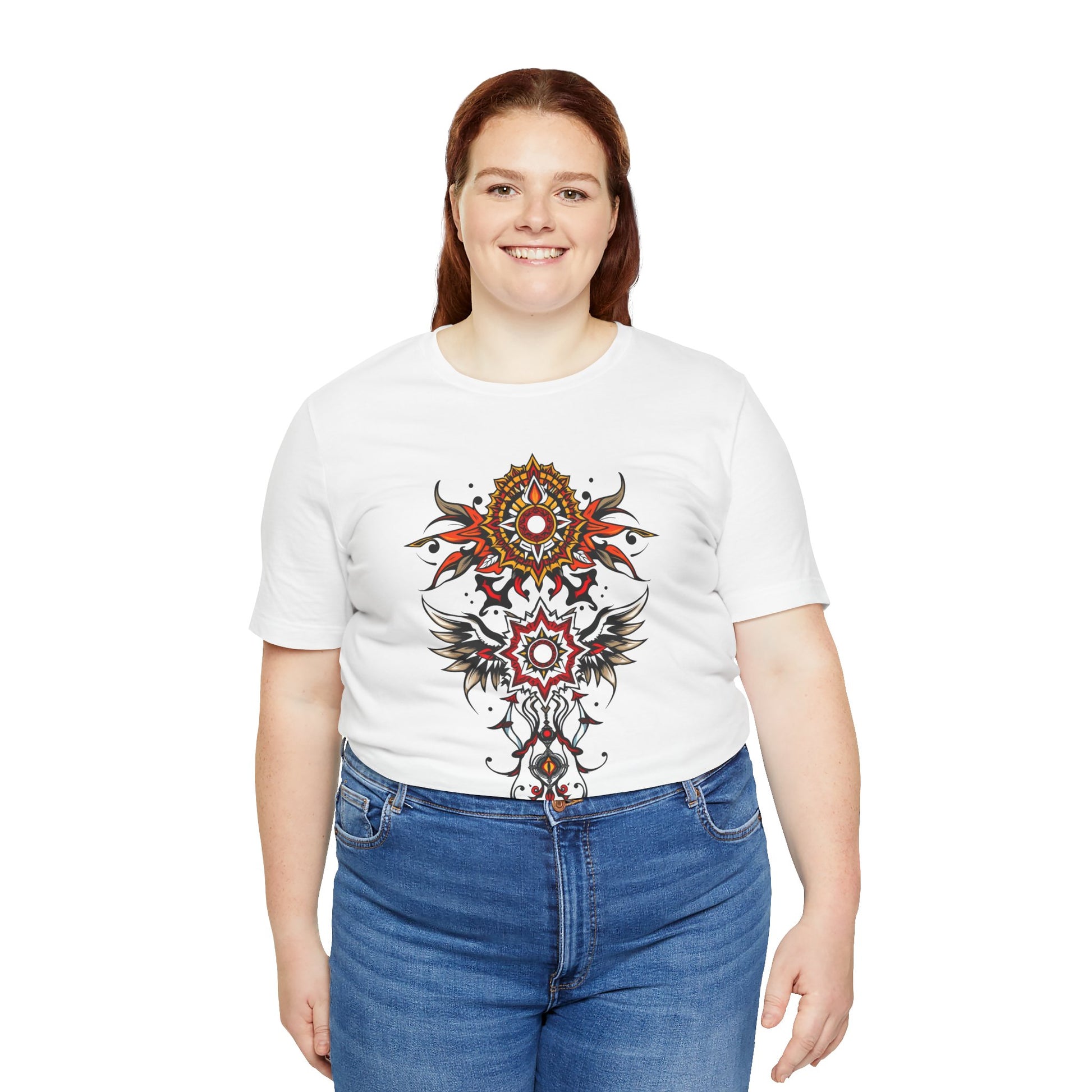 Turn heads in this tee, available in vibrant colors, showcasing a fiery red and gold tribal mandala for bold, artistic style