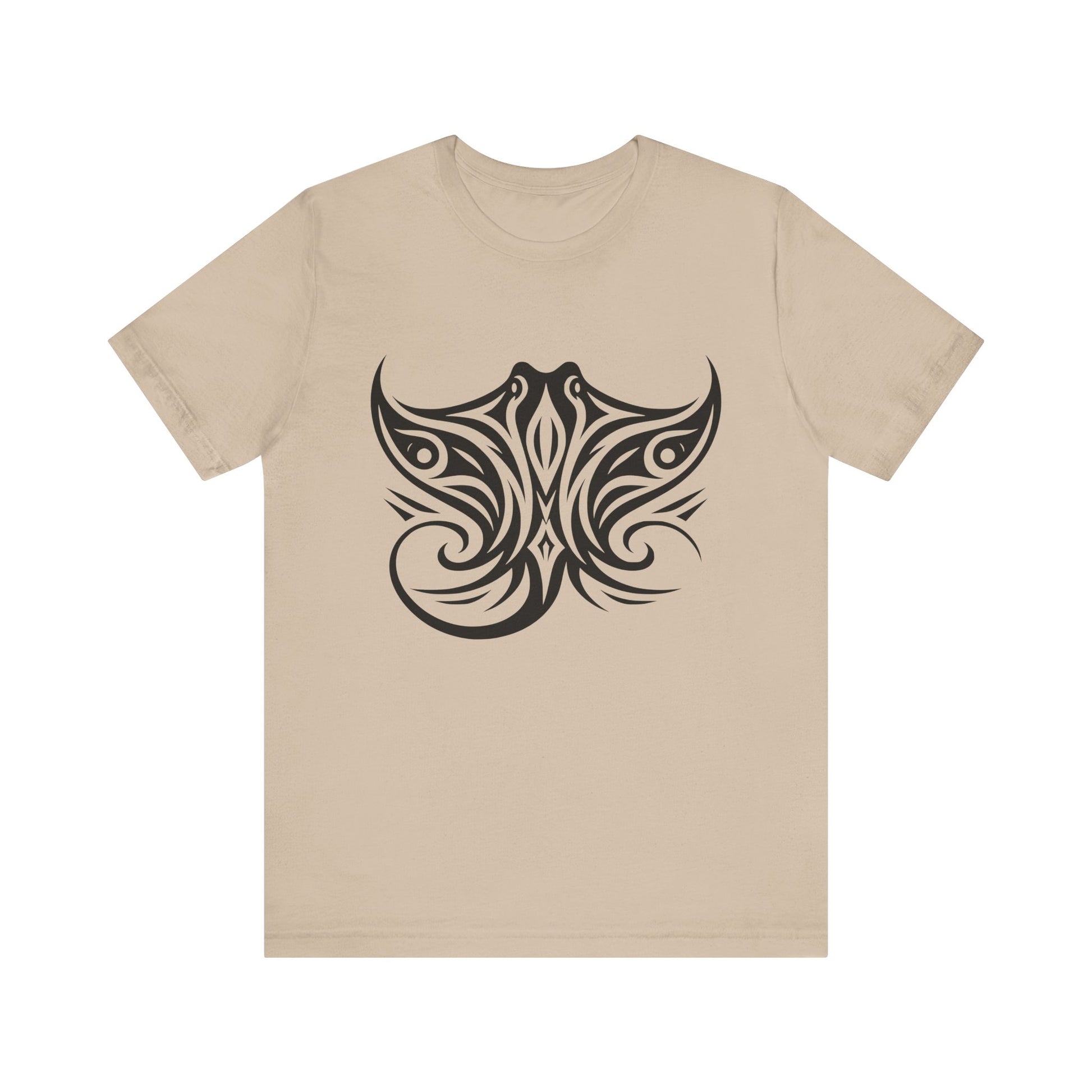 Tribal Manta Ray Tee – Bold Ocean Spirit Art on Sand-Colored Shirt