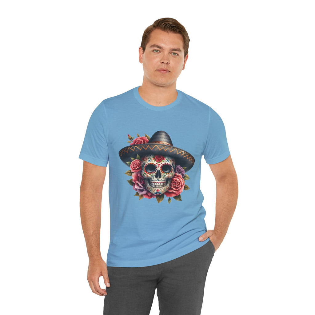 Colorful tee featuring a sugar skull in sombrero and roses for vibrant fiesta vibes
