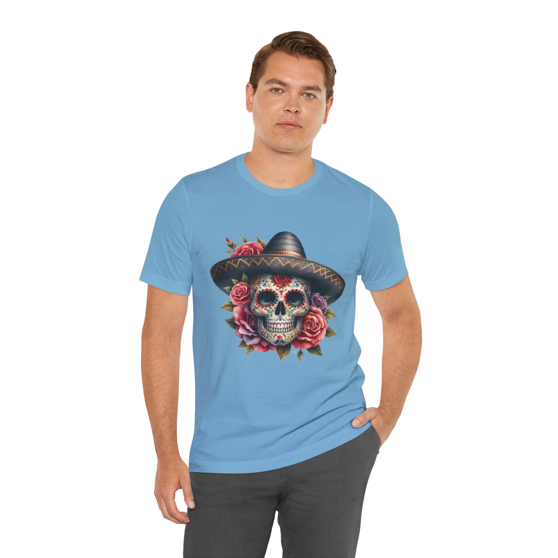 Colorful tee featuring a sugar skull in sombrero and roses for vibrant fiesta vibes