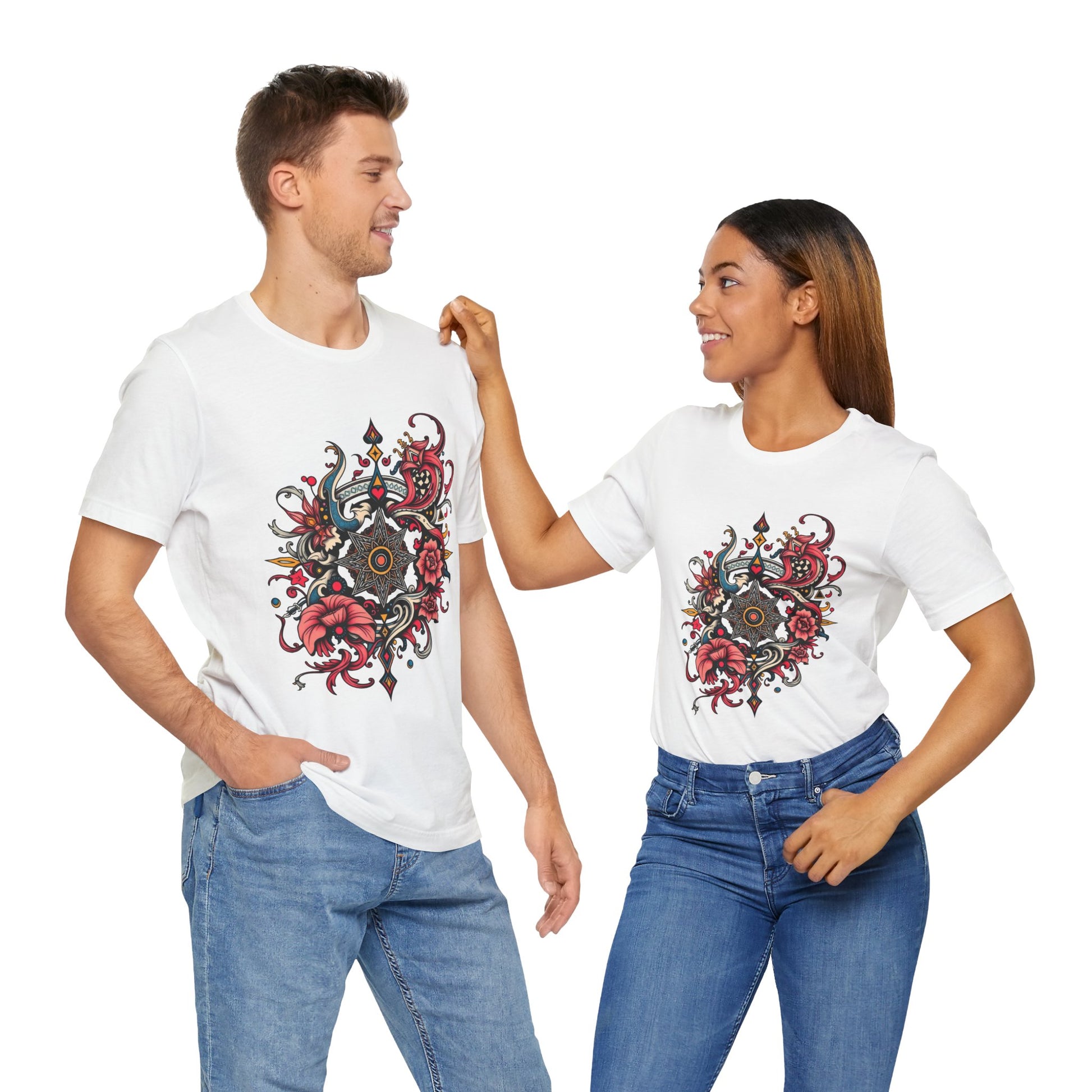 Vibrant tee with ornate red floral mandala design, offered in multiple bold color options