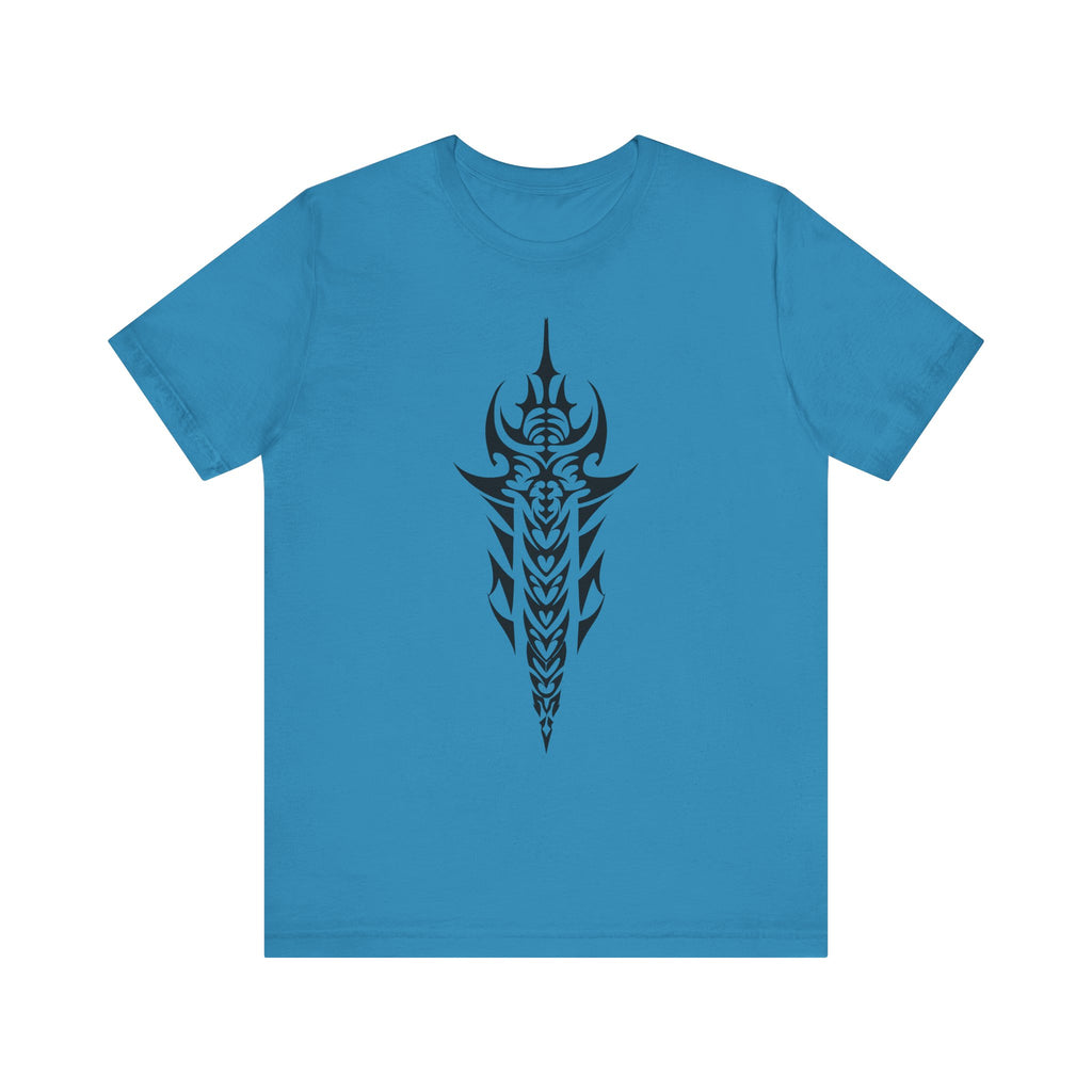 Tribal Sword T-Shirt – Bold Black Tattoo Art on Aqua Tee