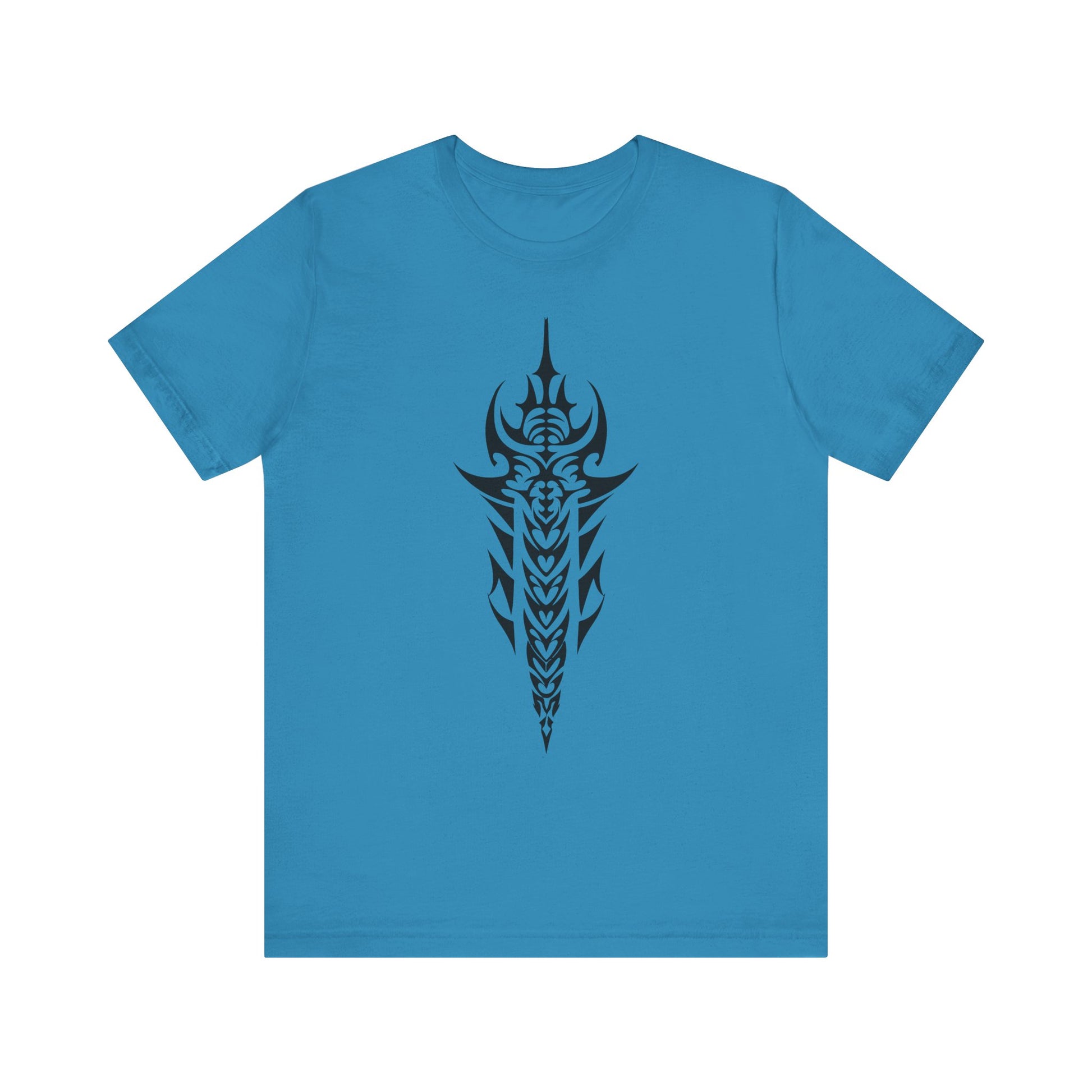 Tribal Sword T-Shirt – Bold Black Tattoo Art on Aqua Tee