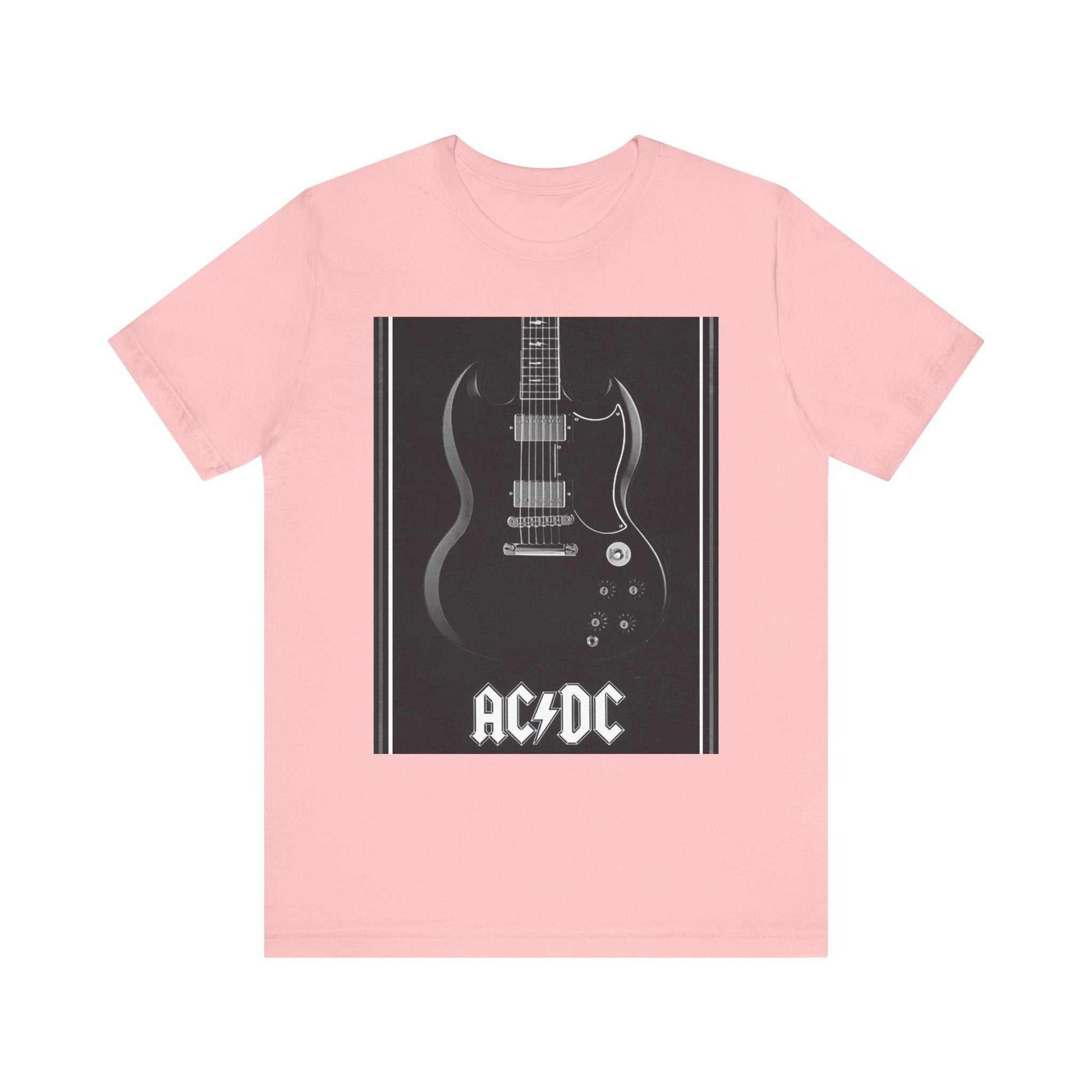 Pink rock guitar graphic tee featuring a black electric guitar and AC/DC logo design