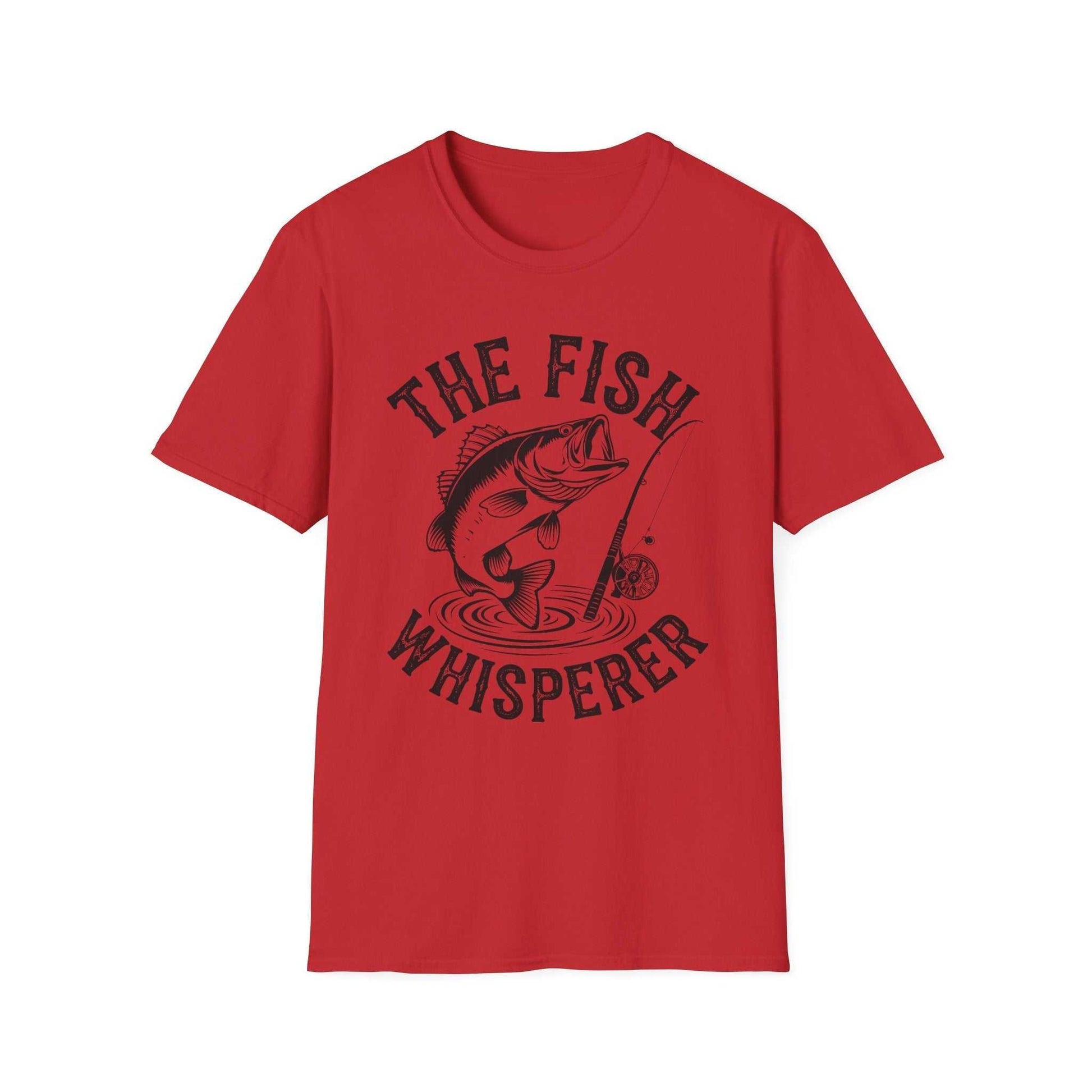 Red unisex softstyle t-shirt with "The Fish Whisperer" graphic and fishing design