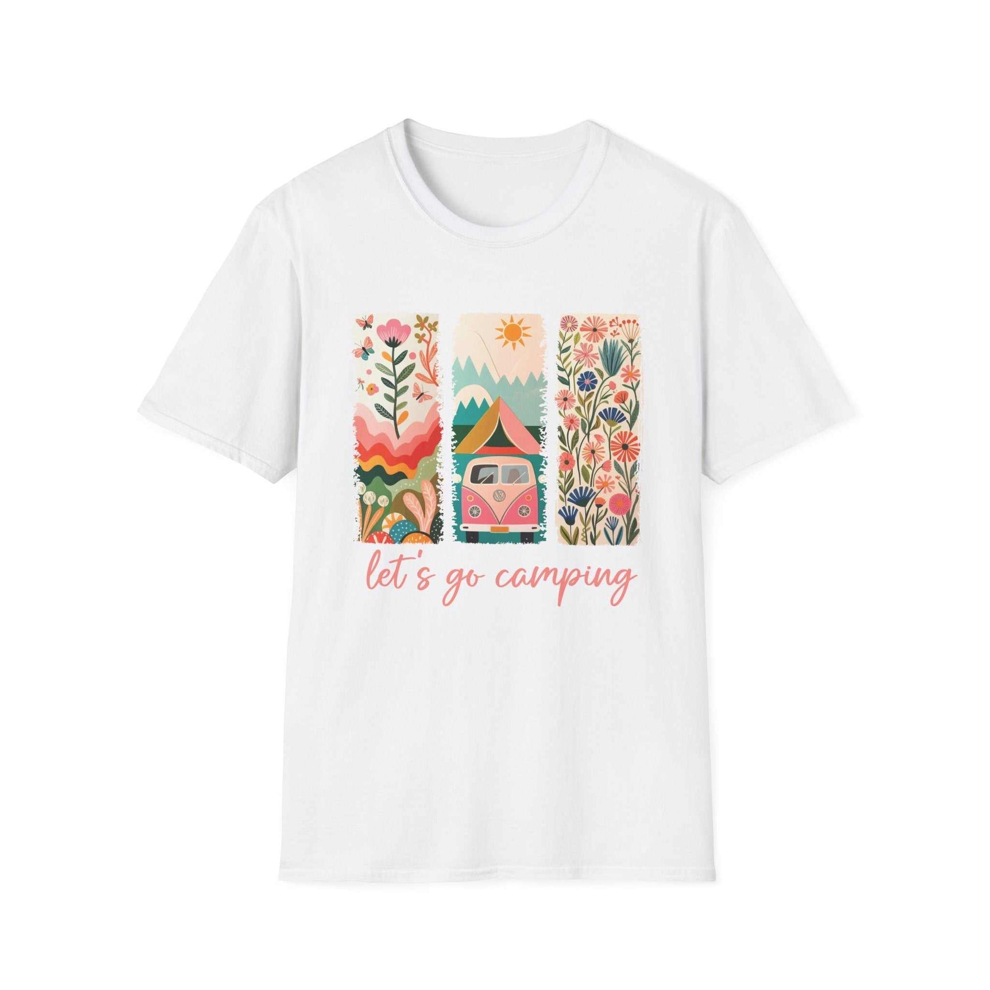 White unisex t-shirt with colorful camping adventure print and "let's go camping" text