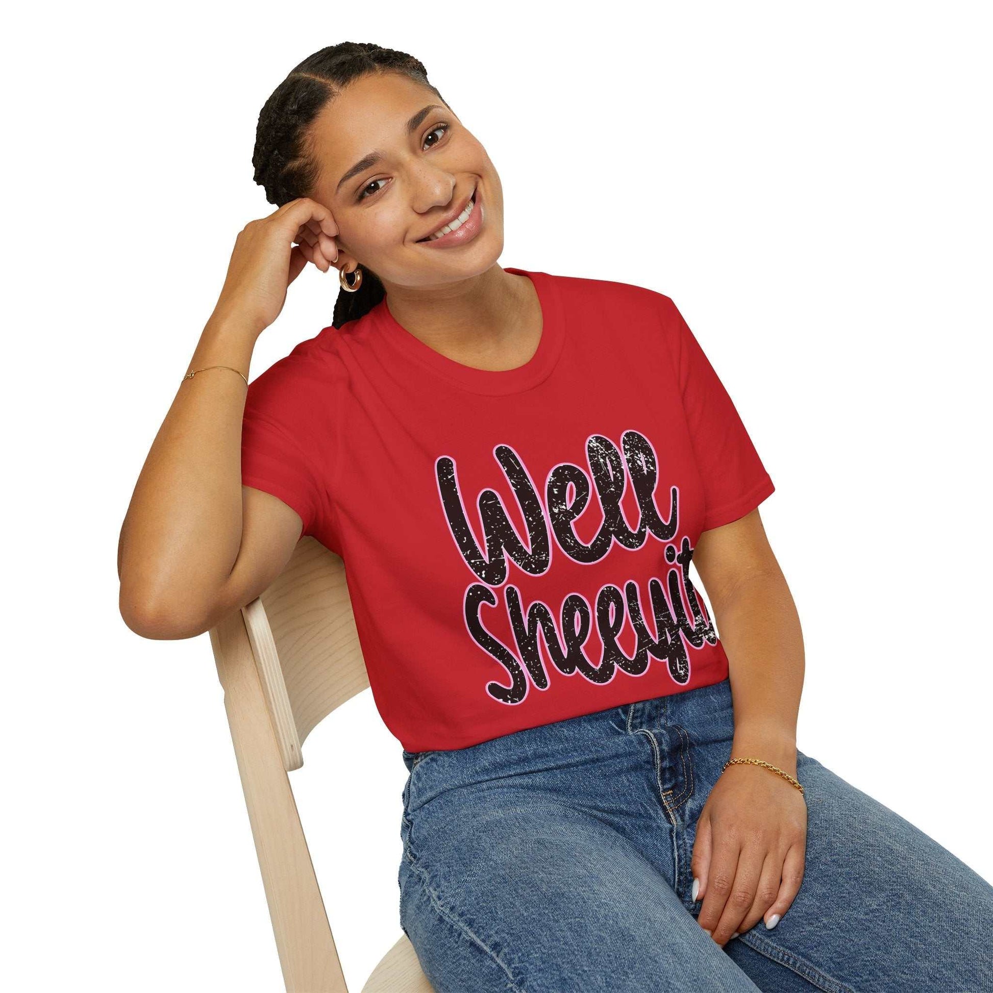 Woman wearing red casual statement tee with "Well Sheeyit" funny quote sitting on wooden chair