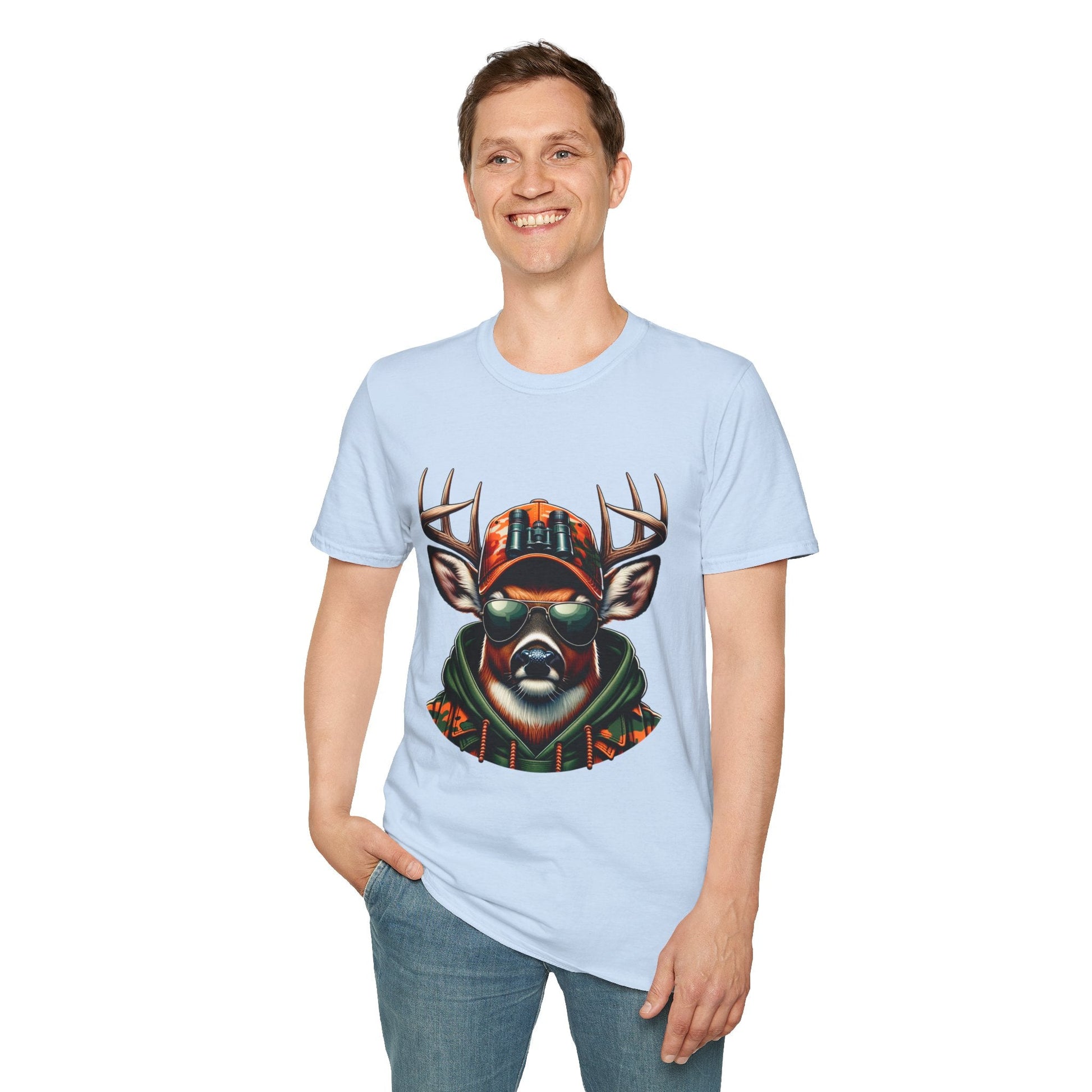 Man wearing light blue Hunting Enthusiast T-Shirt with graphic of deer head wearing sunglasses and camo hat