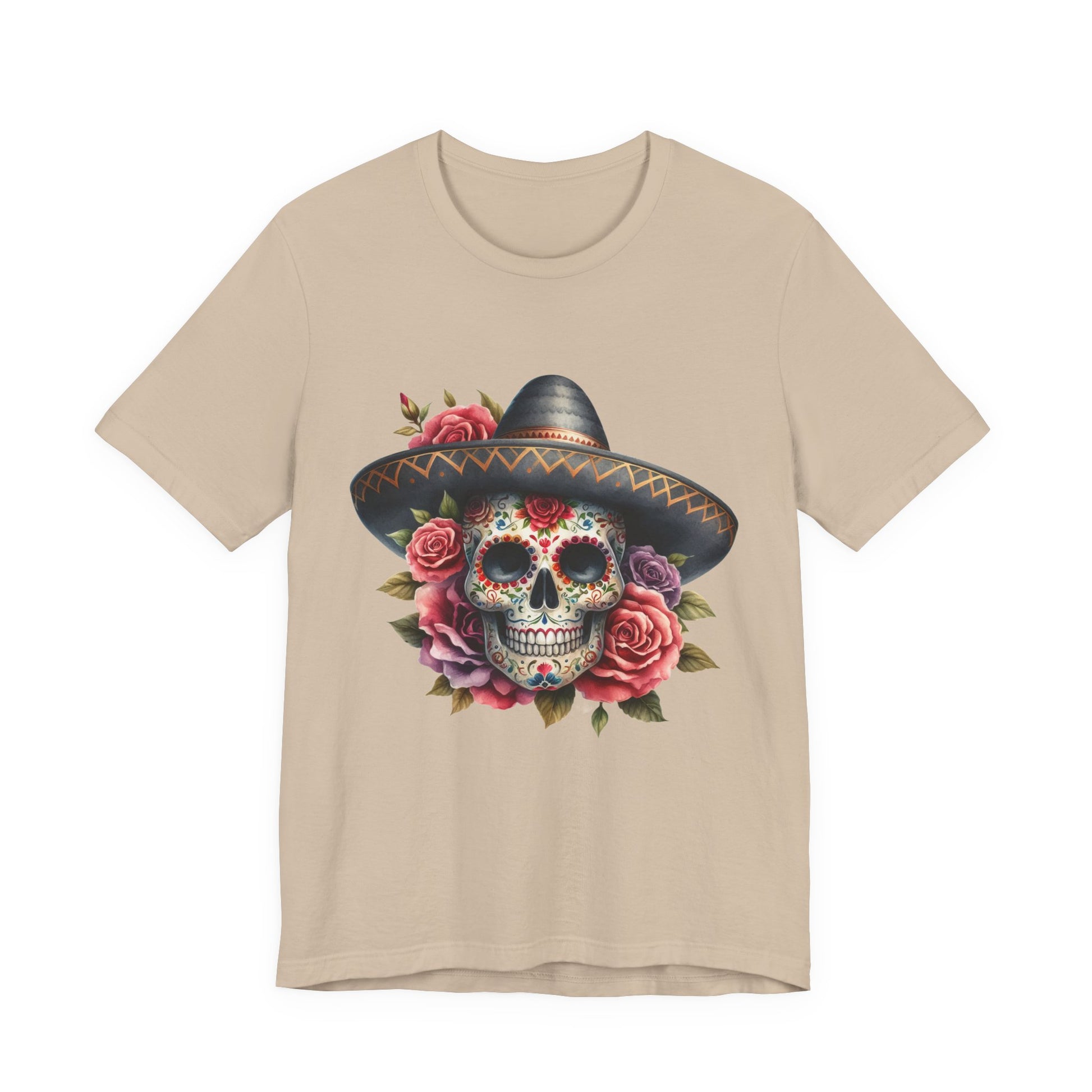 Colorful tee featuring a sugar skull in sombrero and roses for vibrant fiesta vibes