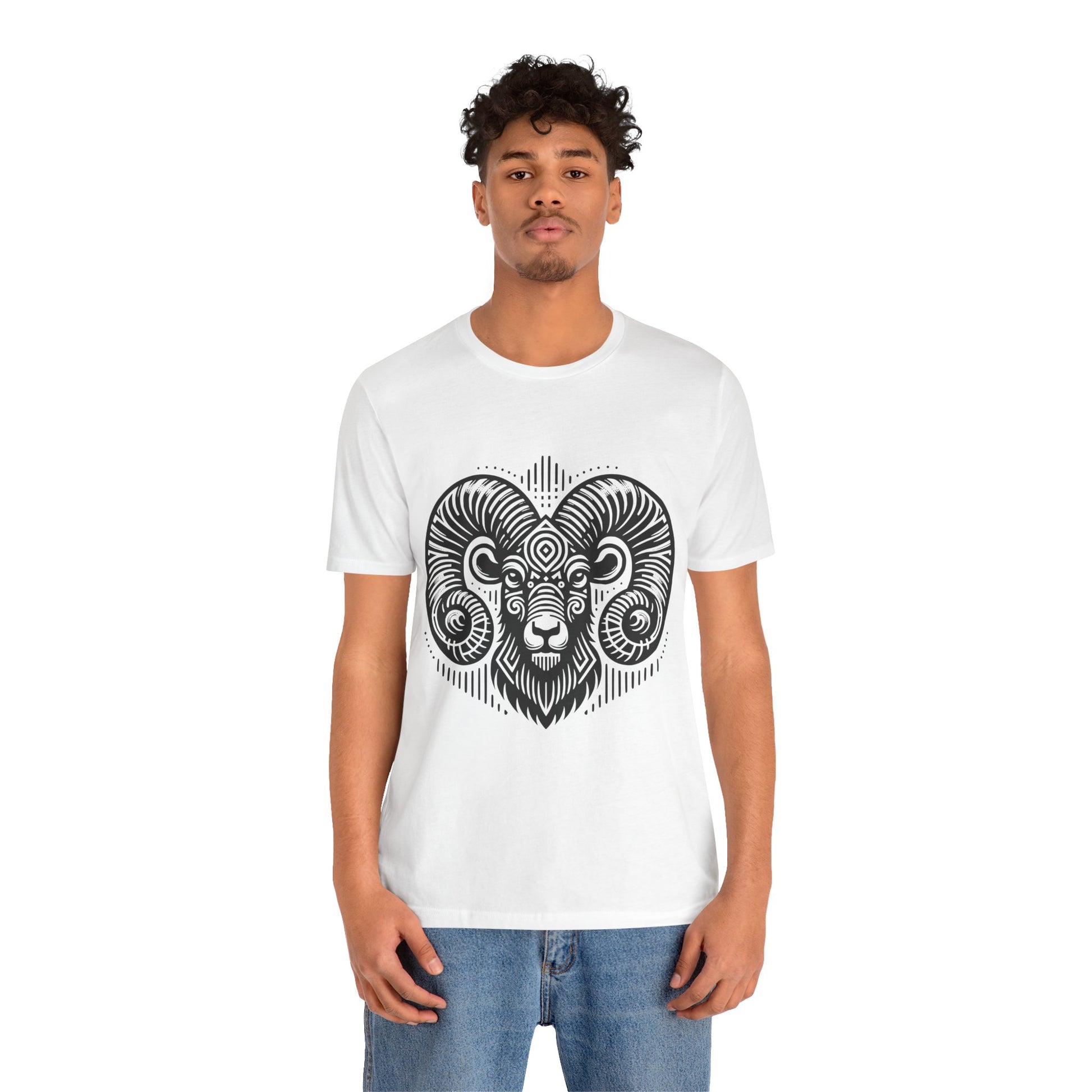 Striking tee with an intricate black tribal ram design, offered in vibrant color options