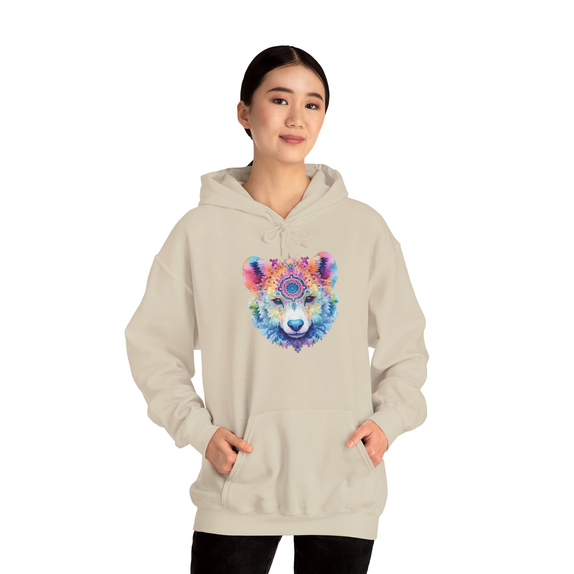 Mandala Bear Hoodie – Vibrant Watercolor Animal Art Sweatshirt for Bold, Free-Spirited Souls