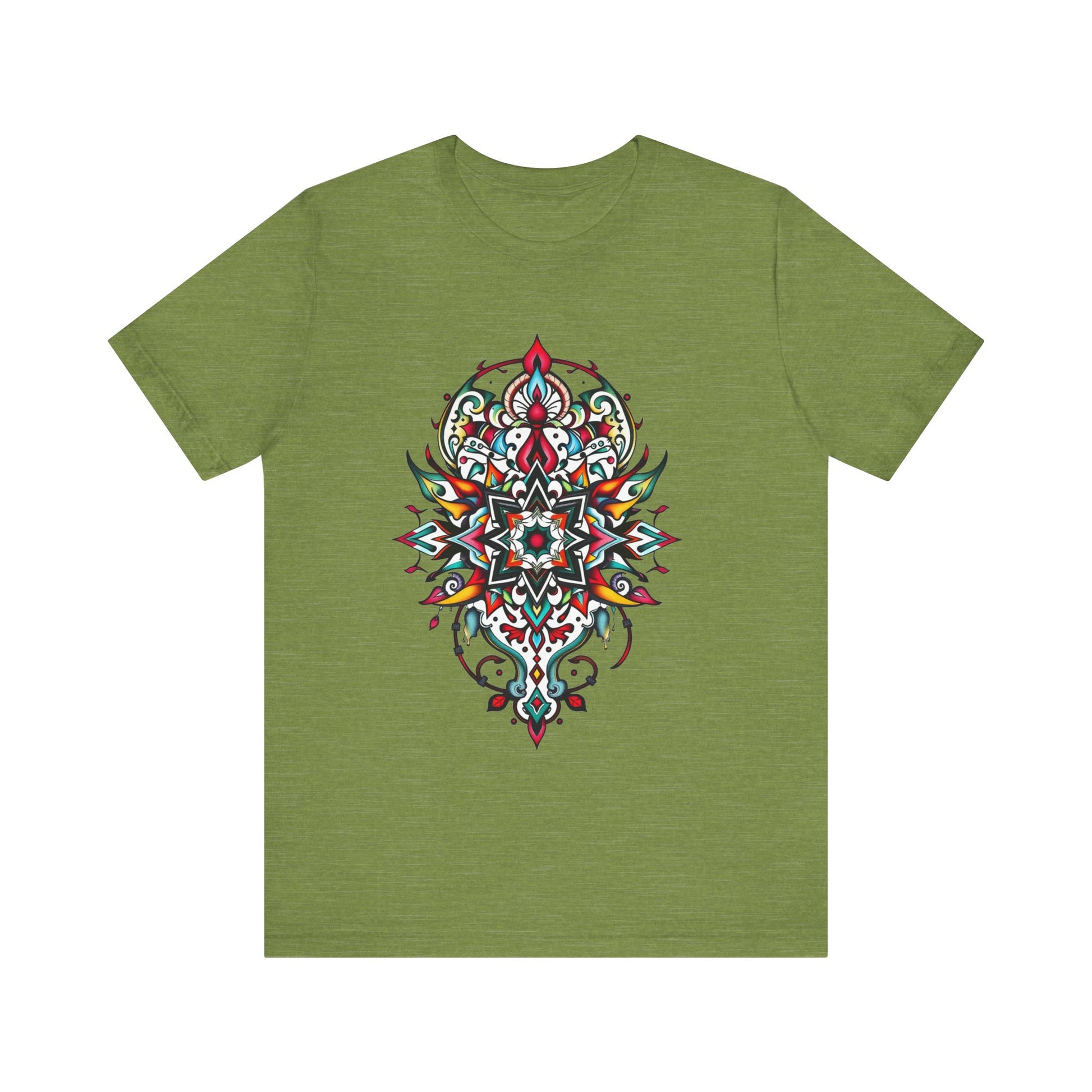 Bold tee featuring a vibrant, intricate mandala design, offered in multiple color options