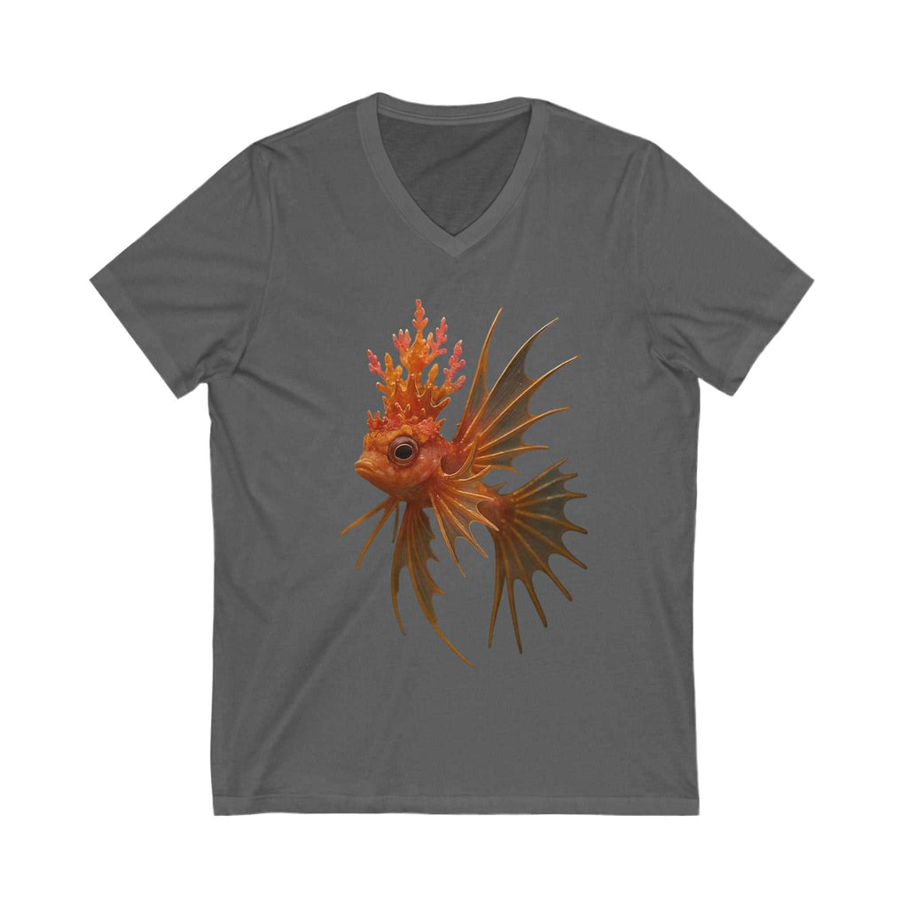 Unisex grey V-neck tee featuring a detailed coral crown fish illustration, lightweight and durable casual wear.