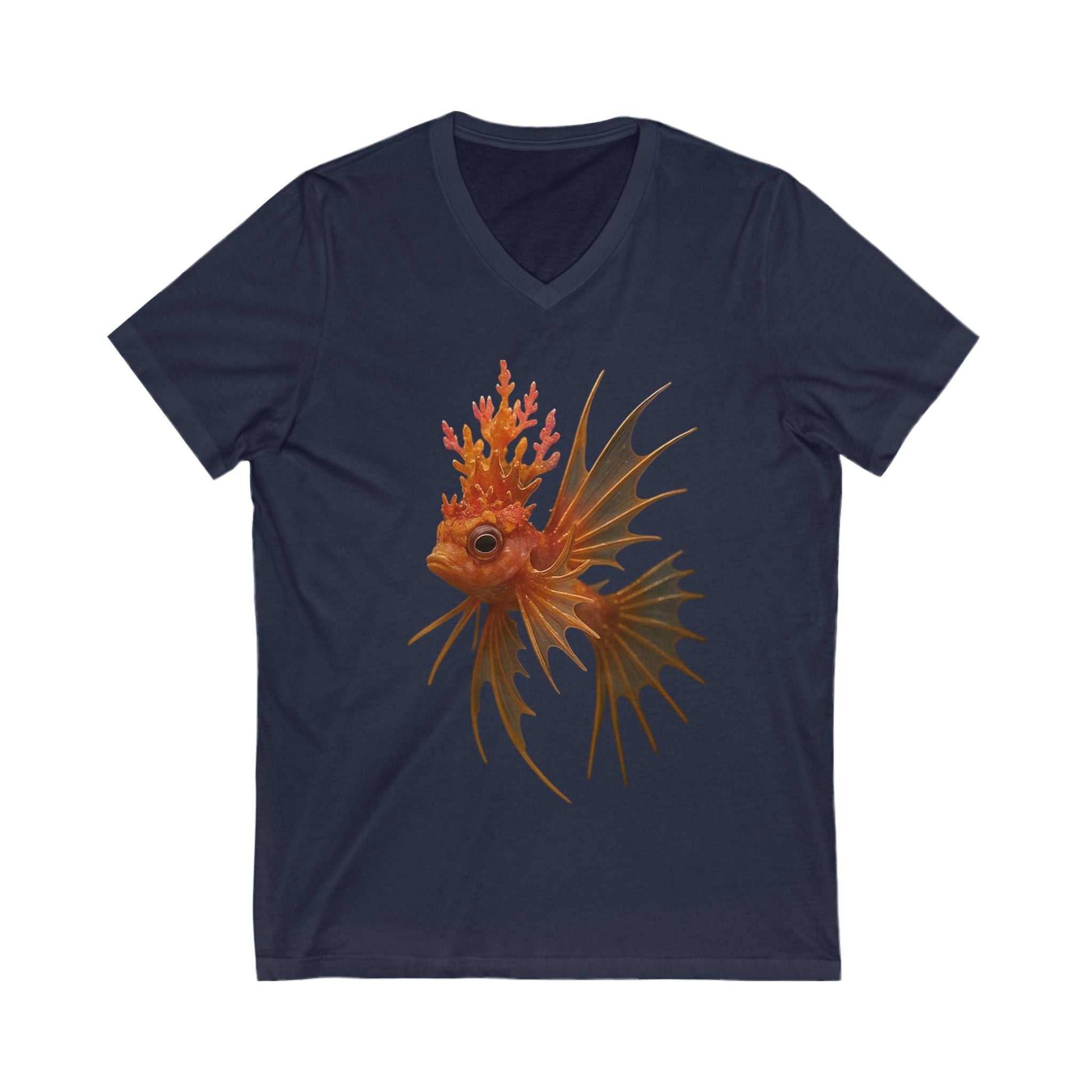 Navy unisex V-neck tee with detailed orange coral crown fish graphic on front