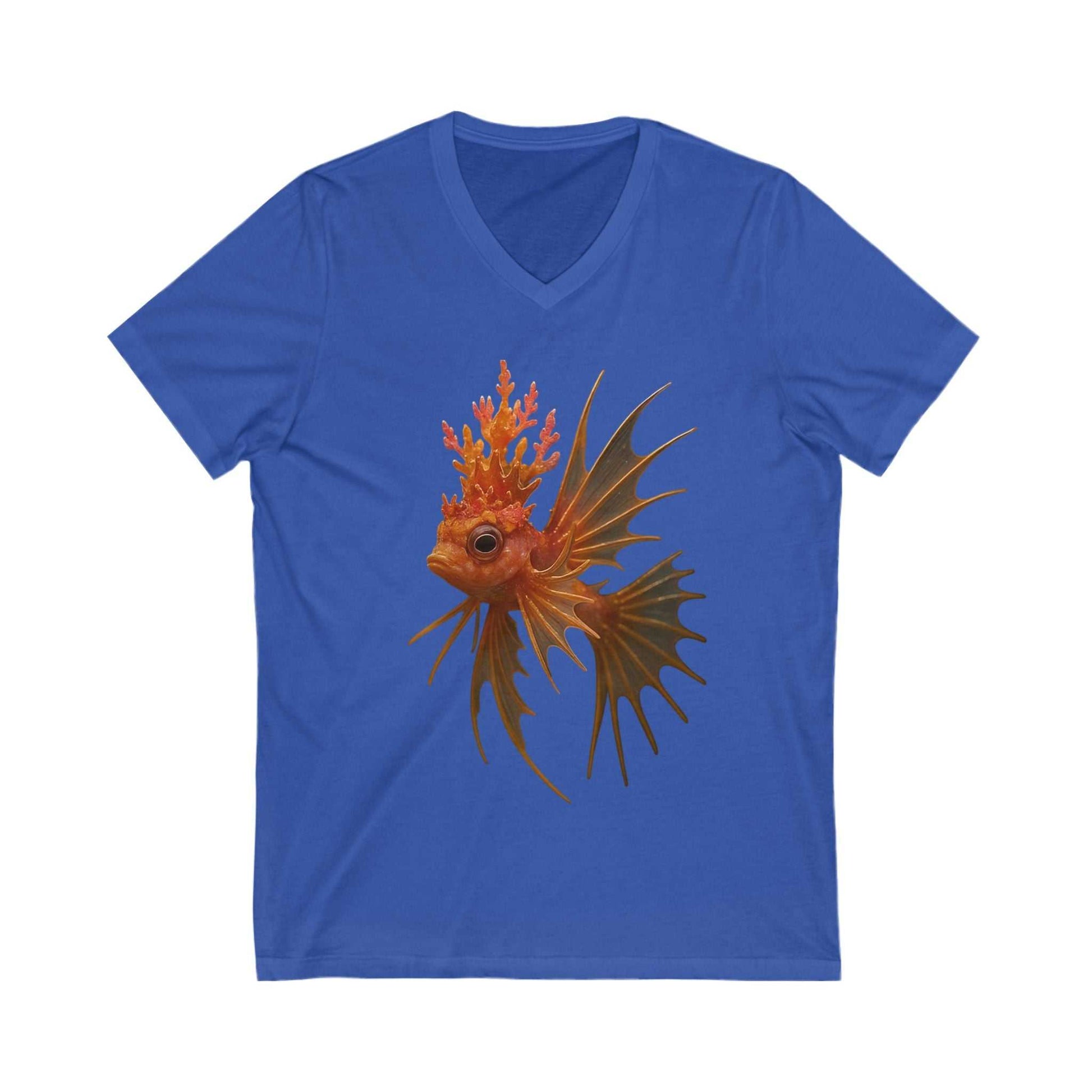 Blue unisex V-neck tee with detailed coral crown fish graphic on front