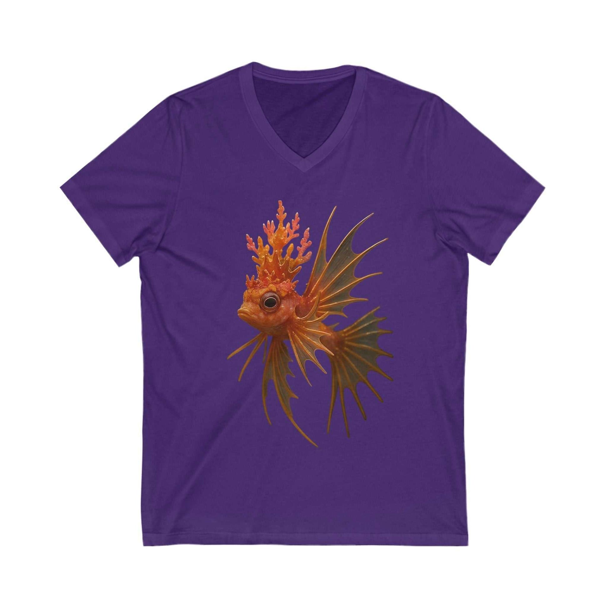 Purple unisex V-neck t-shirt featuring a detailed orange coral crown fish graphic design.