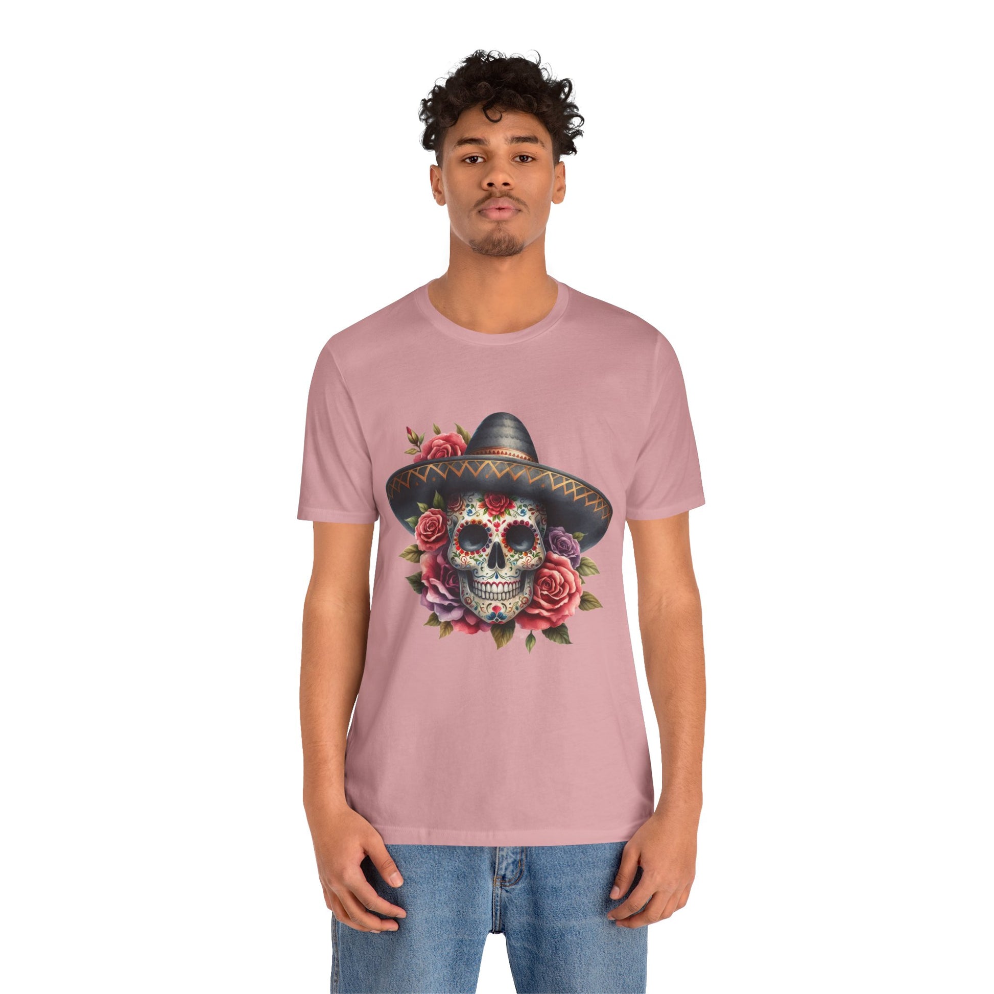 Colorful tee featuring a sugar skull in sombrero and roses for vibrant fiesta vibes