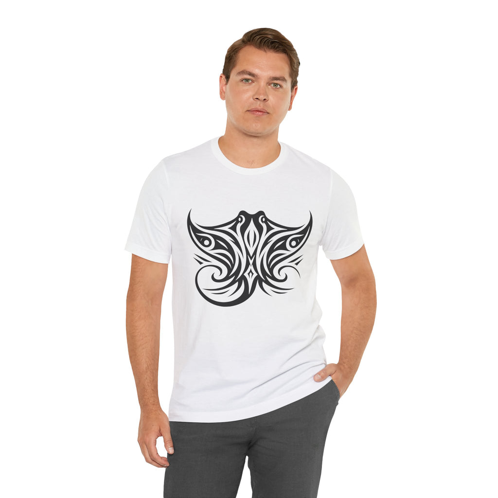 Tribal Manta Ray Tee – Bold Ocean Spirit Art on Sand-Colored Shirt