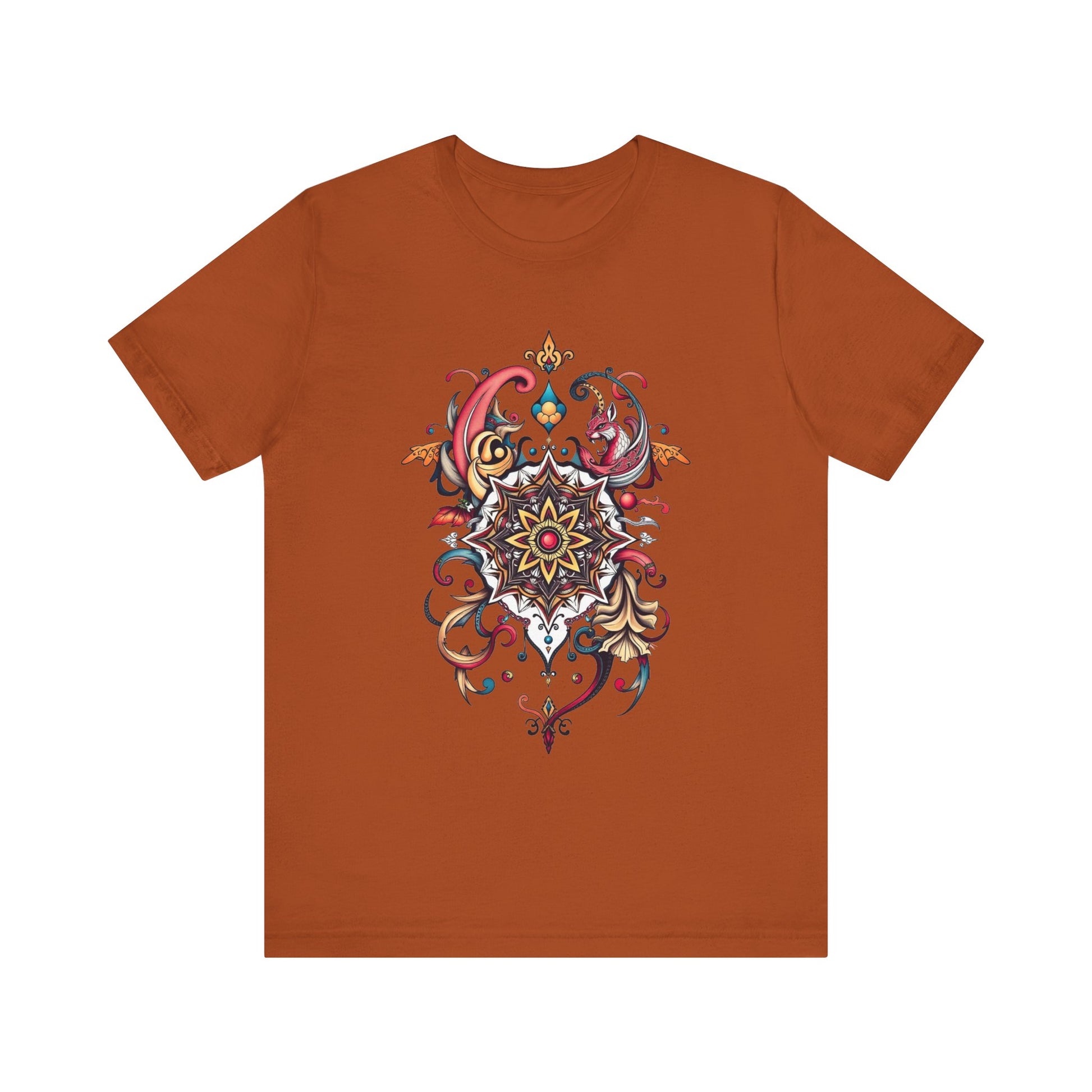 Vibrant tee with swirling mandala in reds, golds, and teal, available in many colors