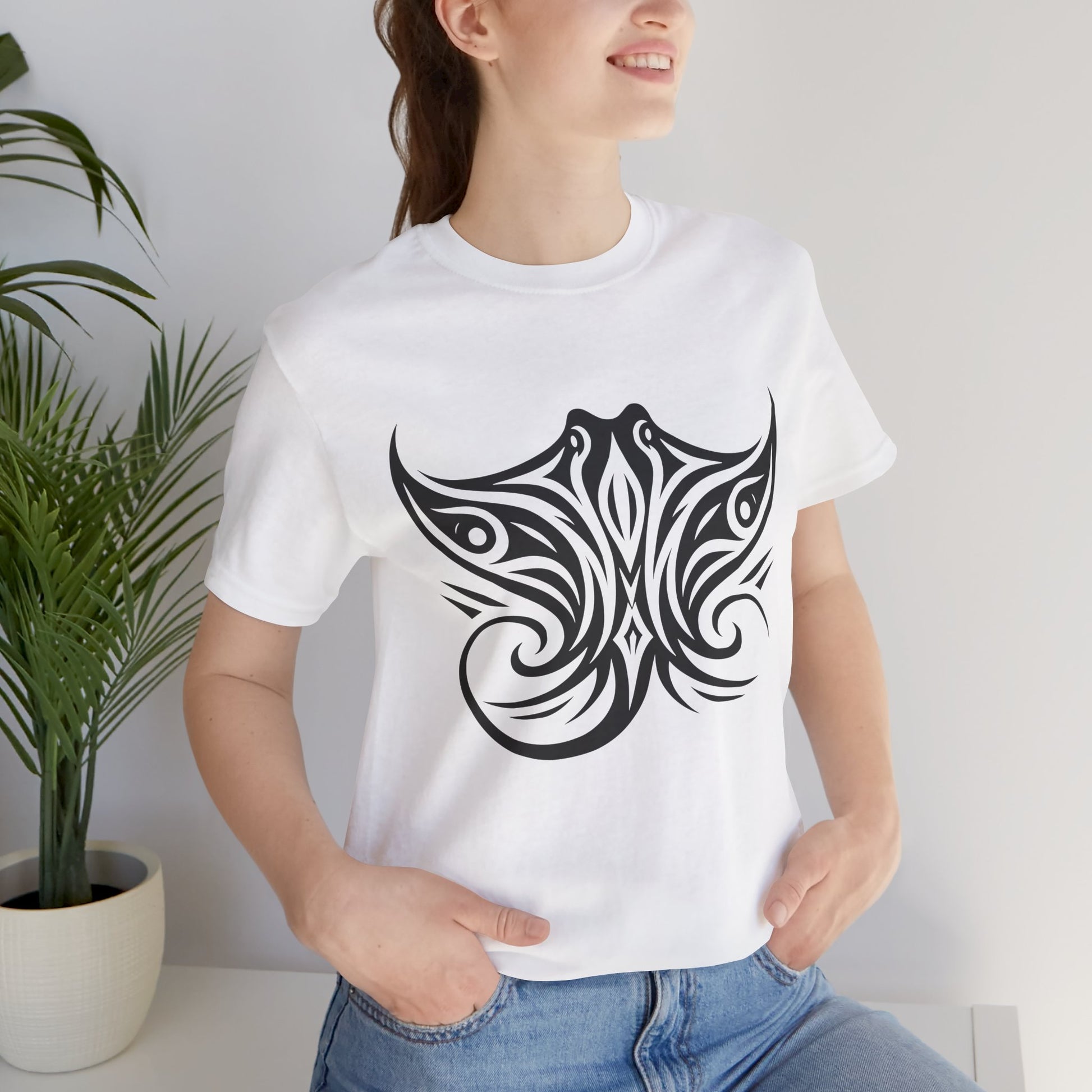 Tribal Manta Ray Tee – Bold Ocean Spirit Art on Sand-Colored Shirt