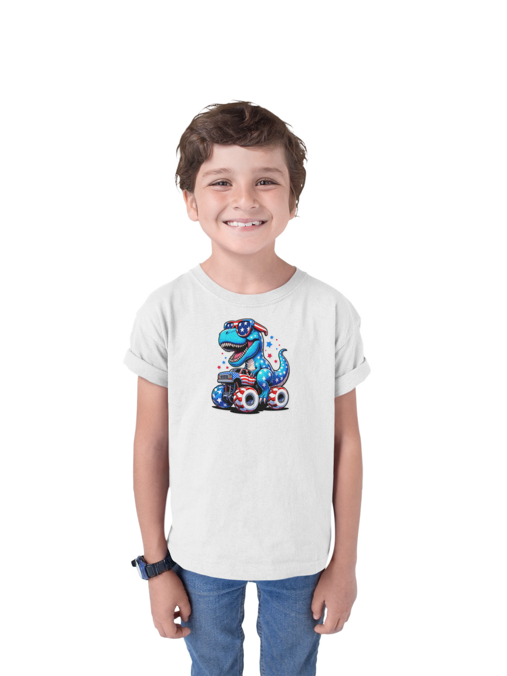 Patriotic Dino Monster Truck Kids’ T-Shirt – USA Stars & Stripes T-Rex Tee