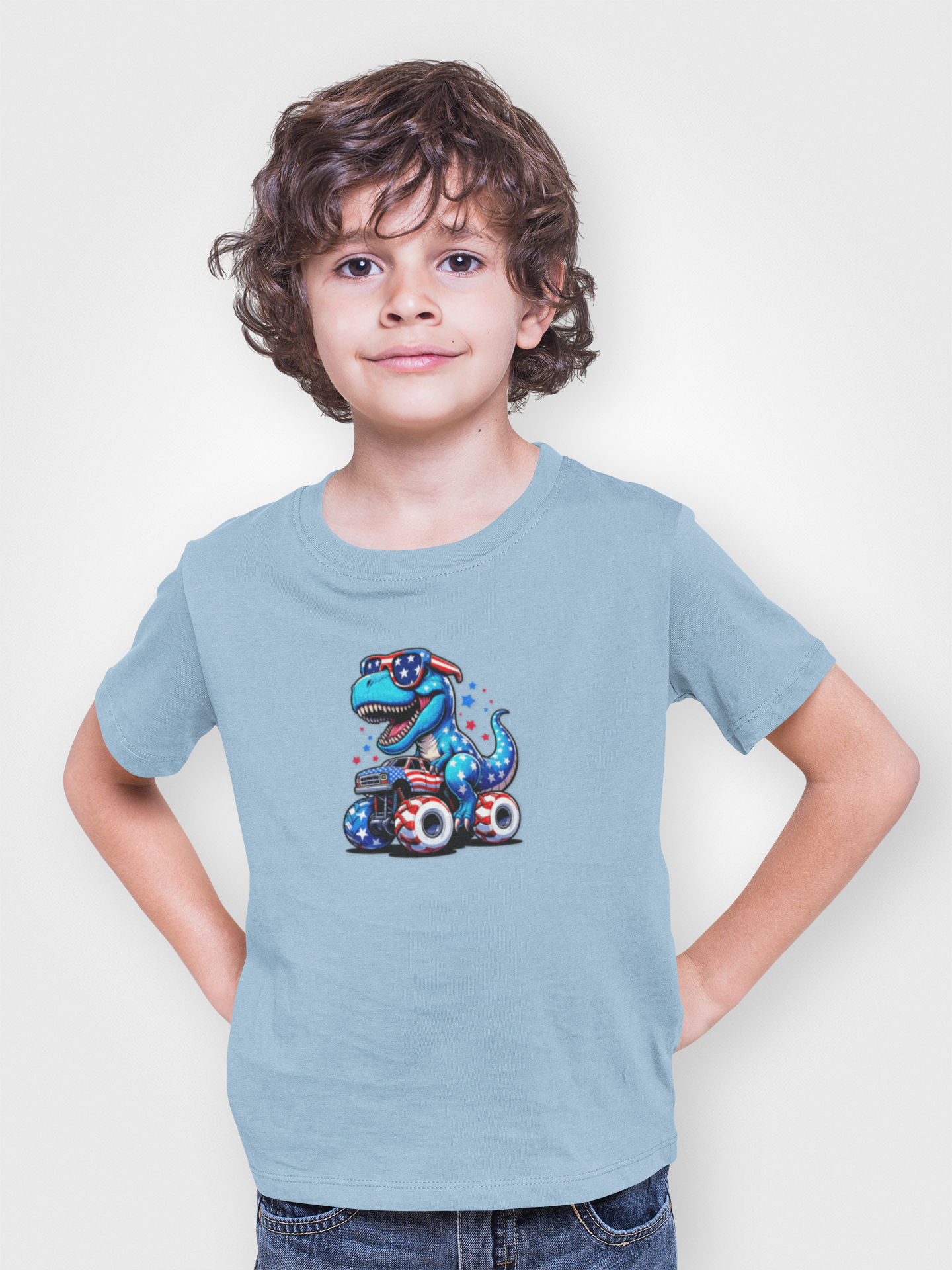 Patriotic Dino Monster Truck Kids’ T-Shirt – USA Stars & Stripes T-Rex Tee