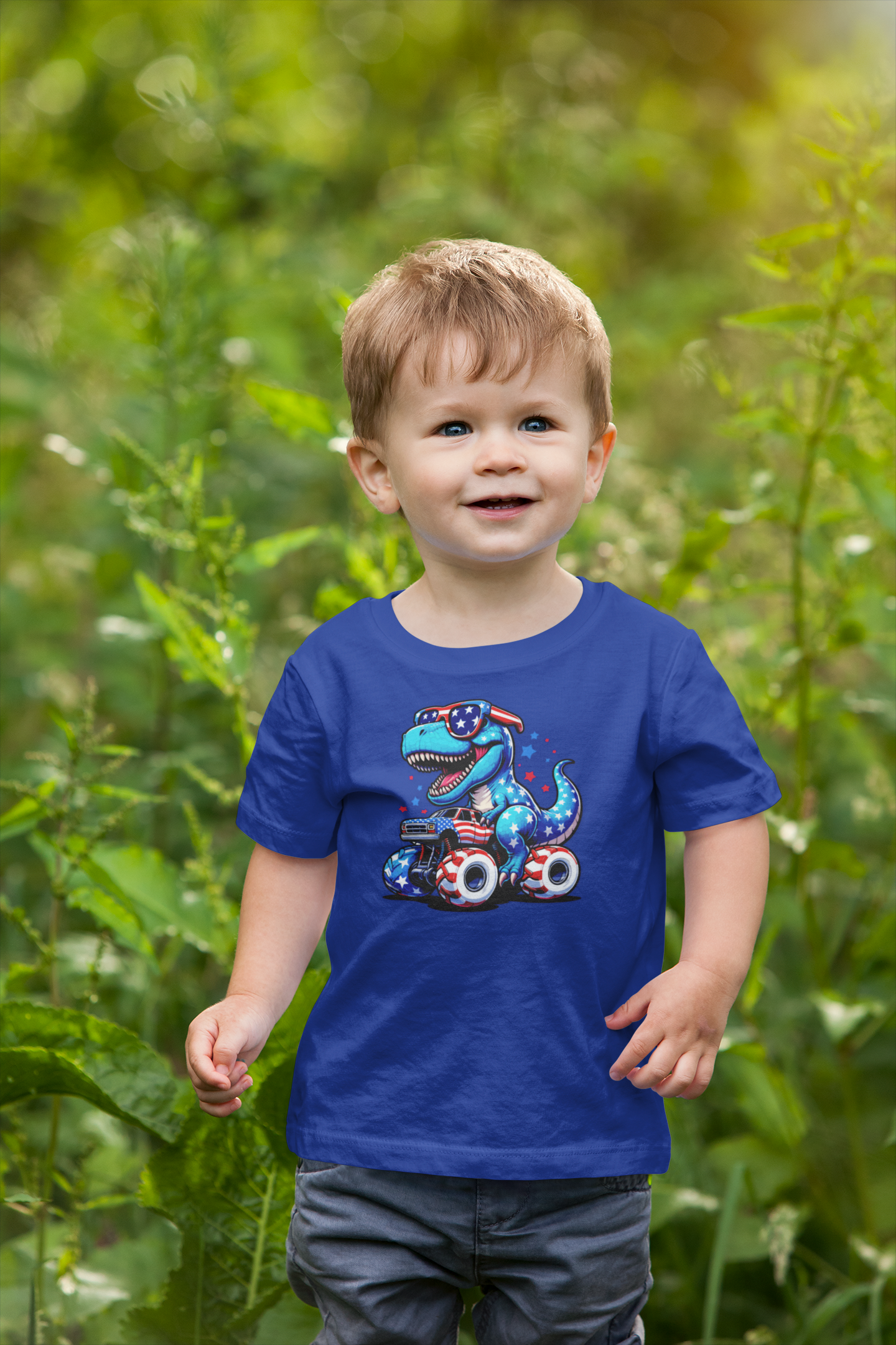 Patriotic Dino Monster Truck Kids’ T-Shirt – USA Stars & Stripes T-Rex Tee