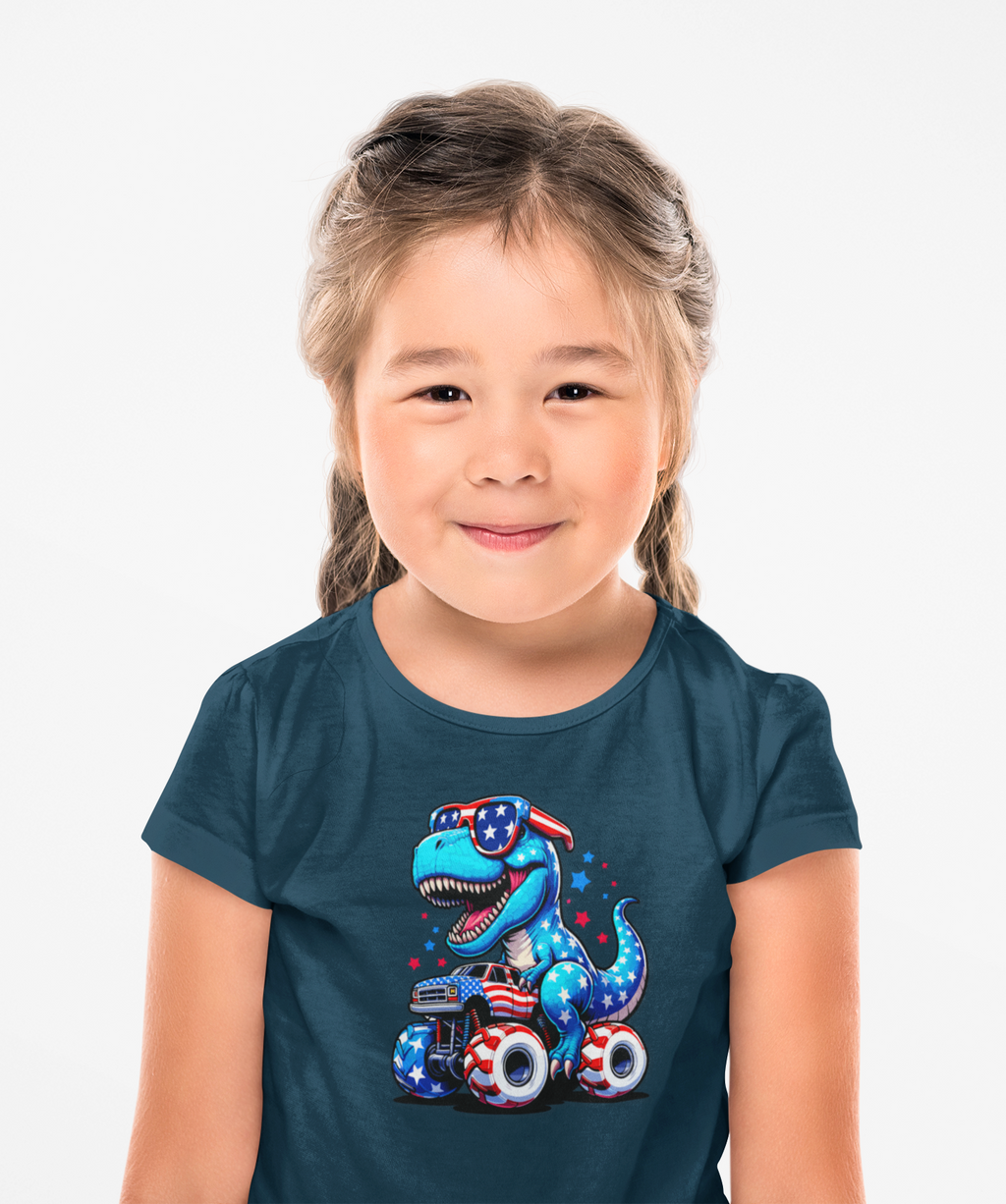 Patriotic Dino Monster Truck Kids’ T-Shirt – USA Stars & Stripes T-Rex Tee