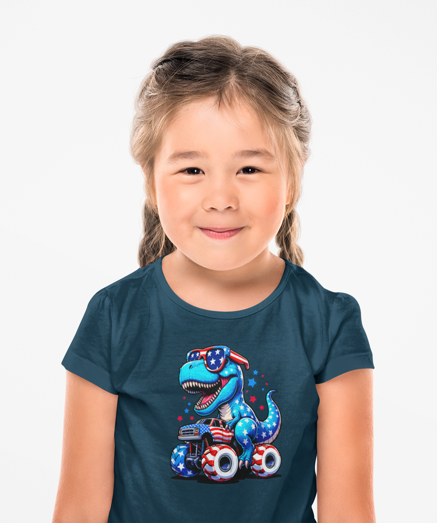 Patriotic Dino Monster Truck Kids’ T-Shirt – USA Stars & Stripes T-Rex Tee