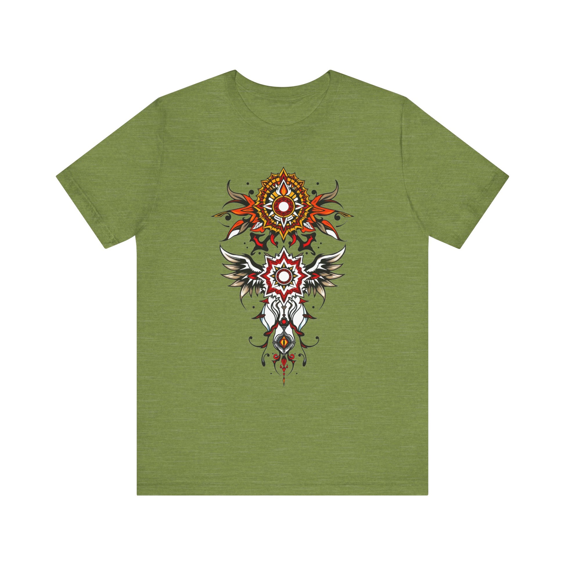 Turn heads in this tee, available in vibrant colors, showcasing a fiery red and gold tribal mandala for bold, artistic style