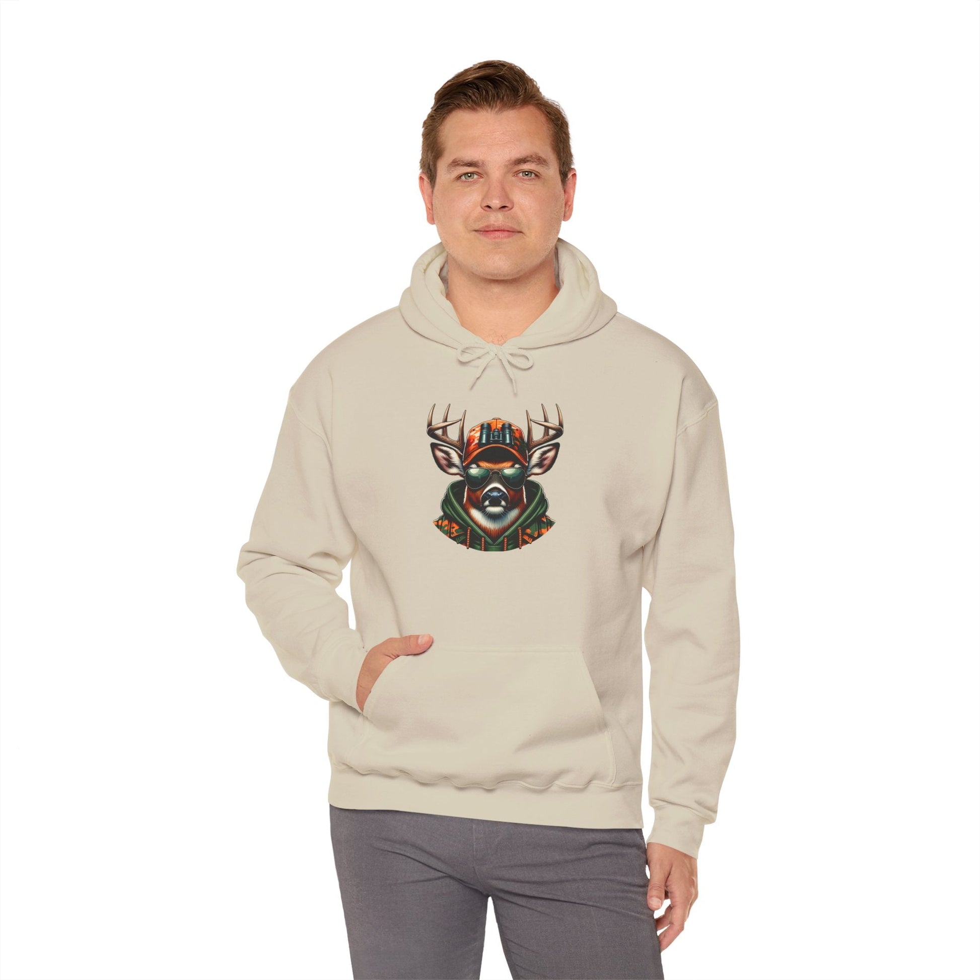 Man wearing beige hooded sweatshirt with bold deer graphic and kangaroo pocket