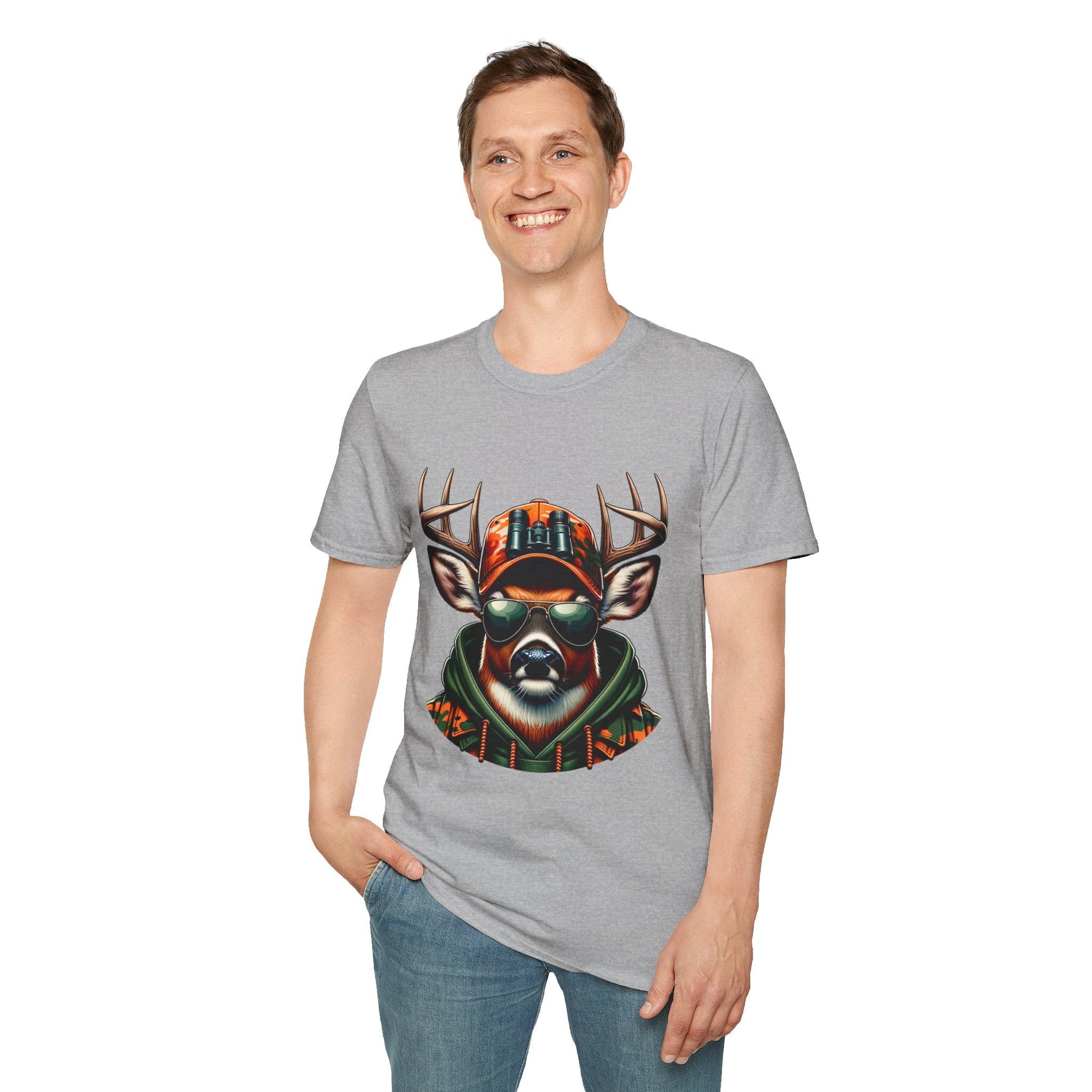 Man wearing gray Hunting Enthast T-Shirt with graphic deer in sunglasses and cap design