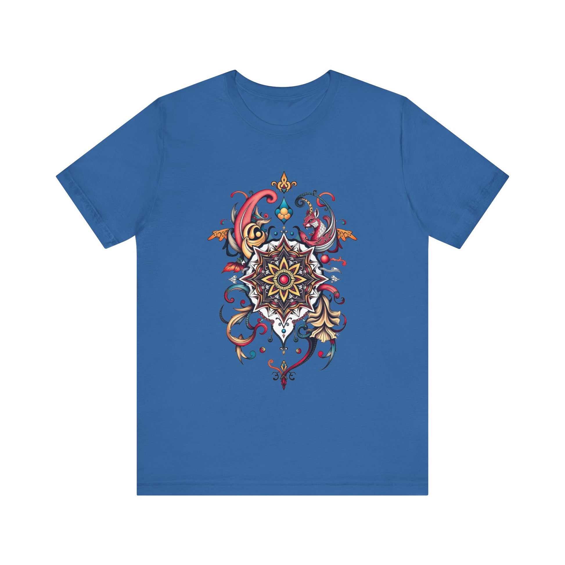 Vibrant tee with swirling mandala in reds, golds, and teal, available in many colors