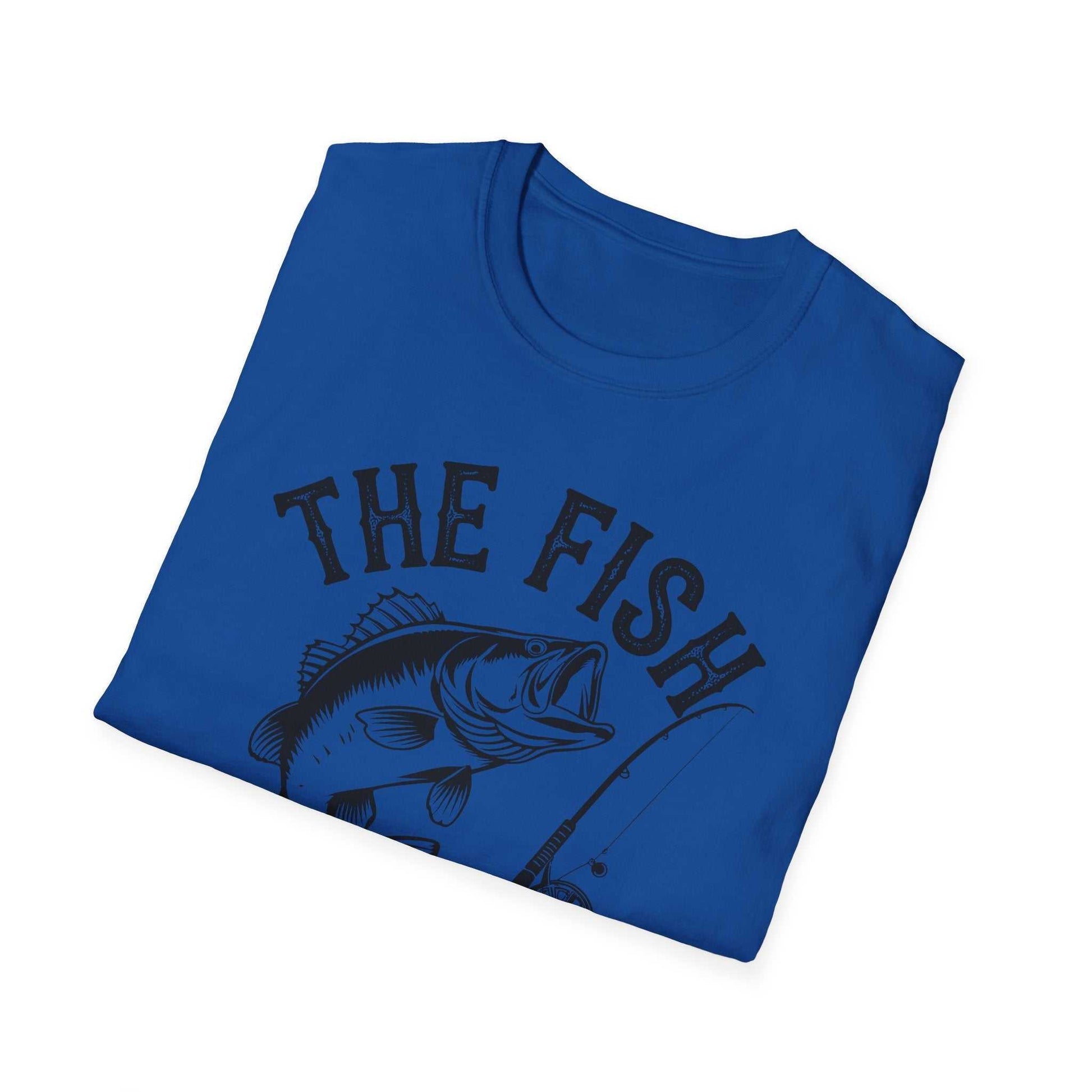 Blue unisex softstyle t-shirt with "The Fish Whisperer" fishing graphic print