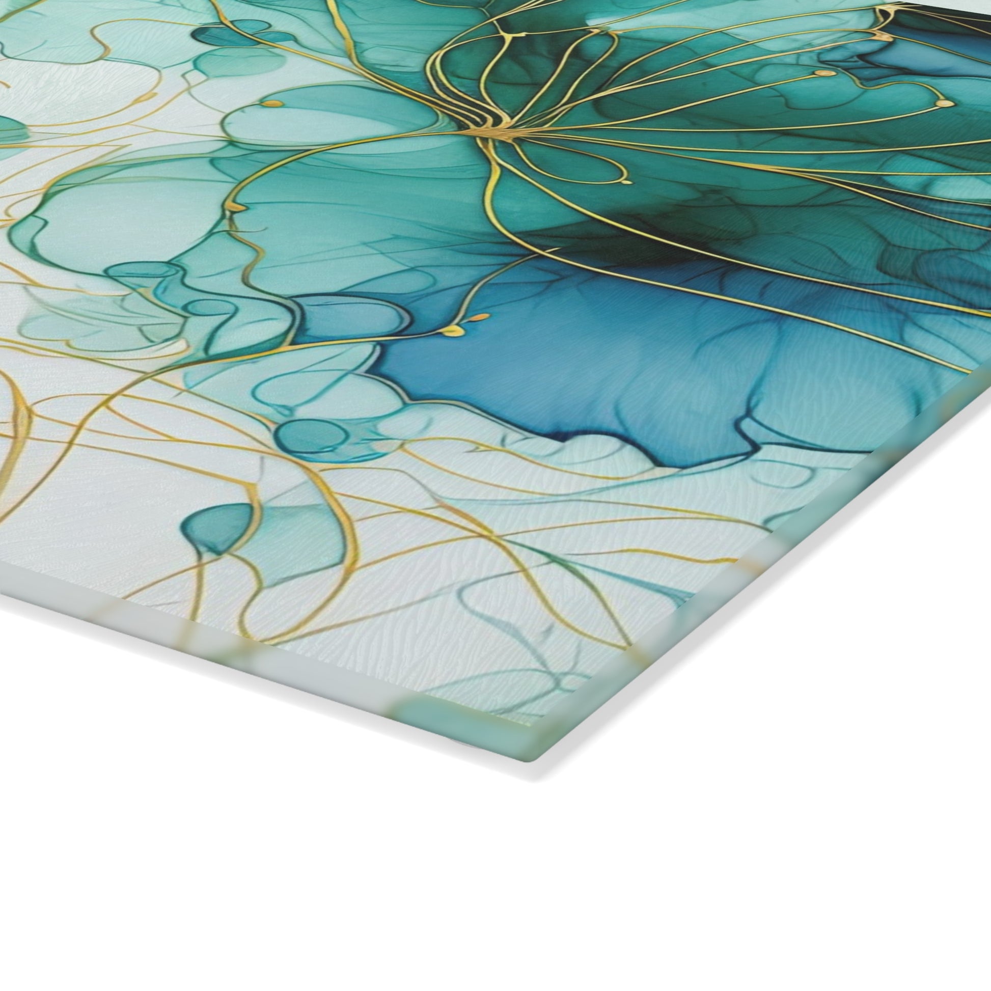 Teal Floral Glass Cutting Board – Elegant Gold Line Art Kitchen Decor