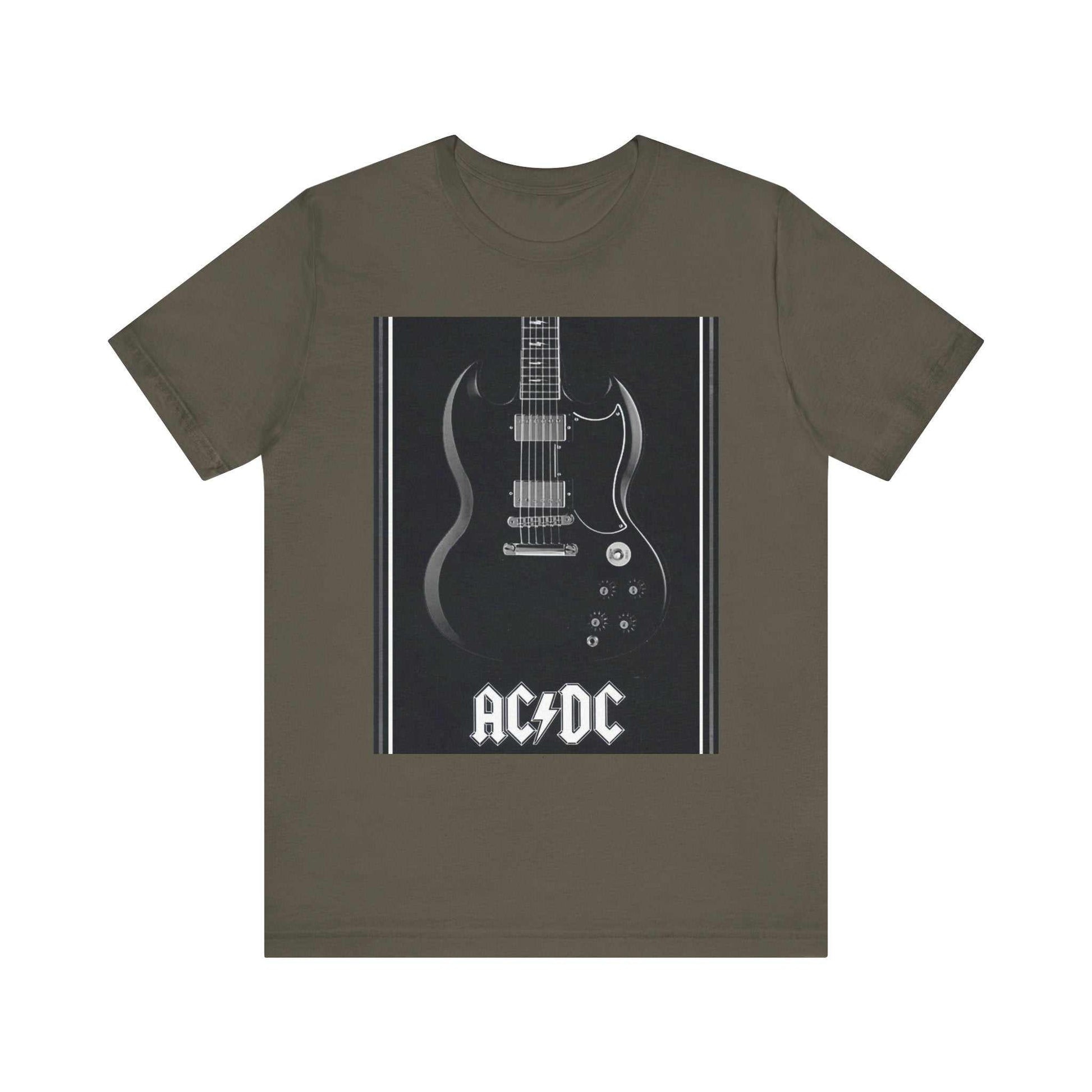 Unisex Rock Guitar Graphic Tee featuring AC/DC print on front, made of 100% lightweight cotton, short sleeves, crew neck, available in multiple sizes.