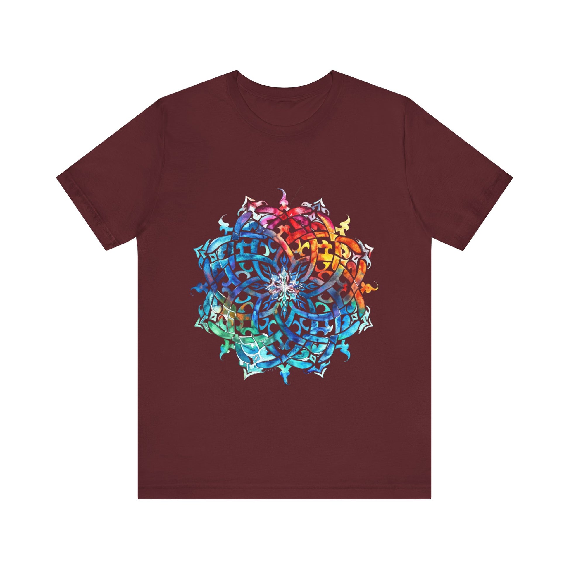 Artistic tee with a radiant rainbow mandala design, available in vibrant color options