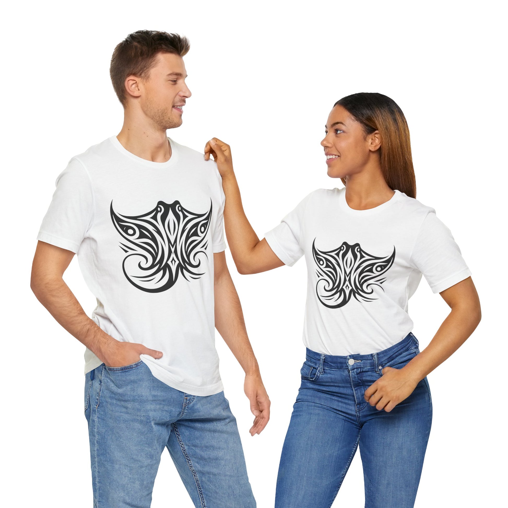Tribal Manta Ray Tee – Bold Ocean Spirit Art on Sand-Colored Shirt